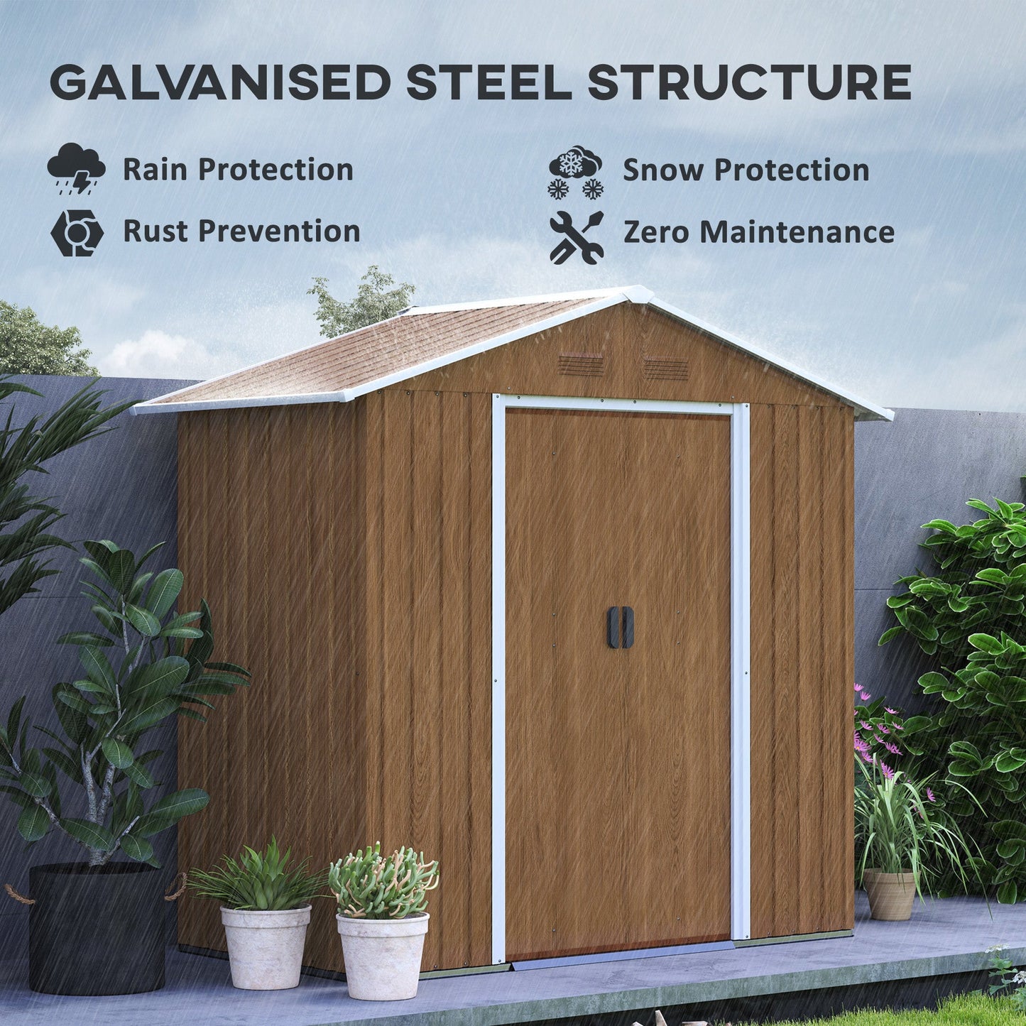 Outsunny 6.5x3.5ft Metal Garden Shed for Garden, Brown Wood Effect