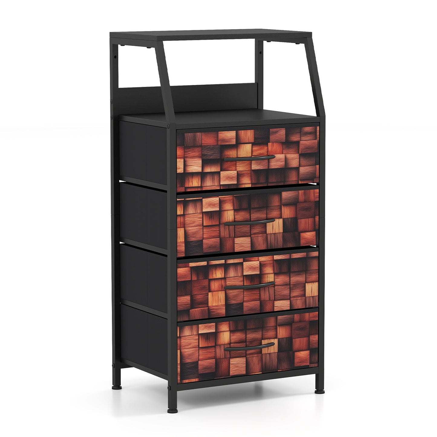 Industrial Nightstand Tall Dresser with 4 Fabric Drawers-Brown