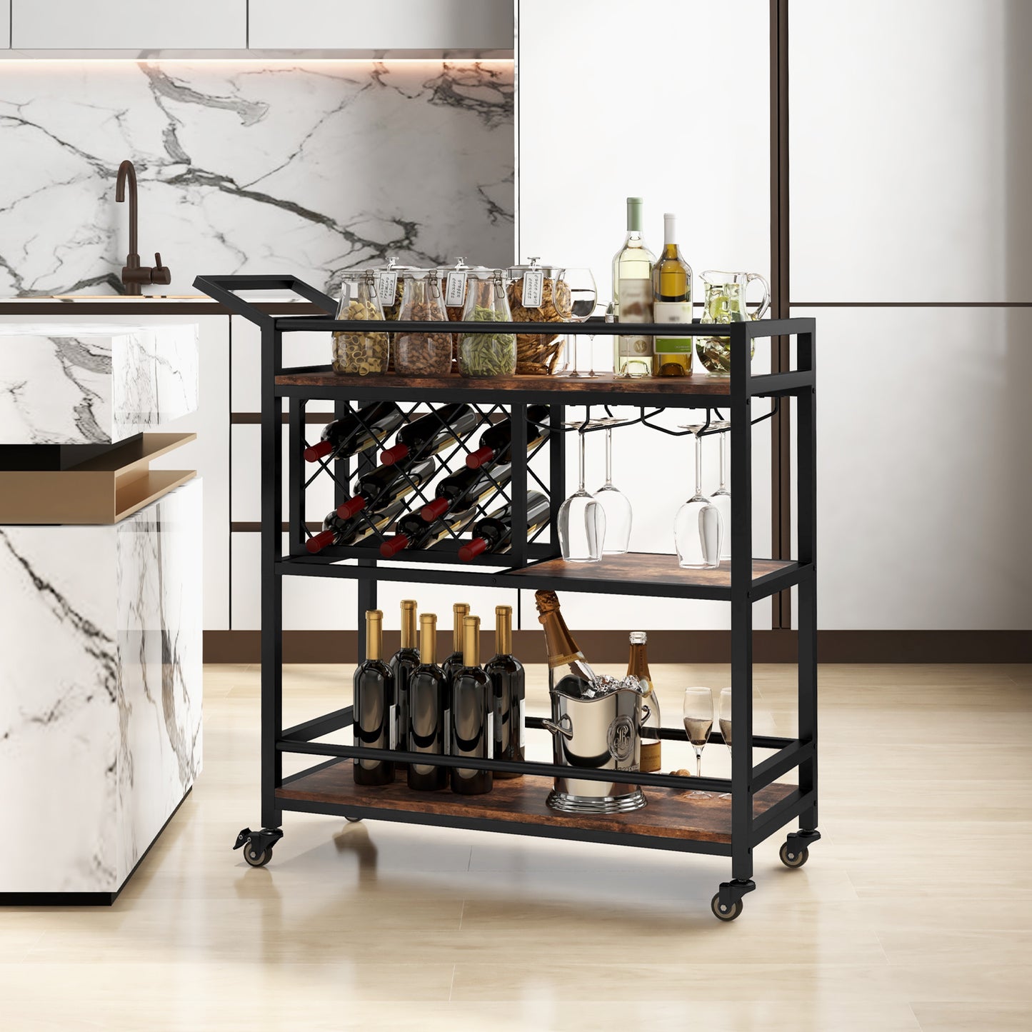 3-Tier Bar Cart Serving Cart w/Wine Racks and Glass Holders-Walnut