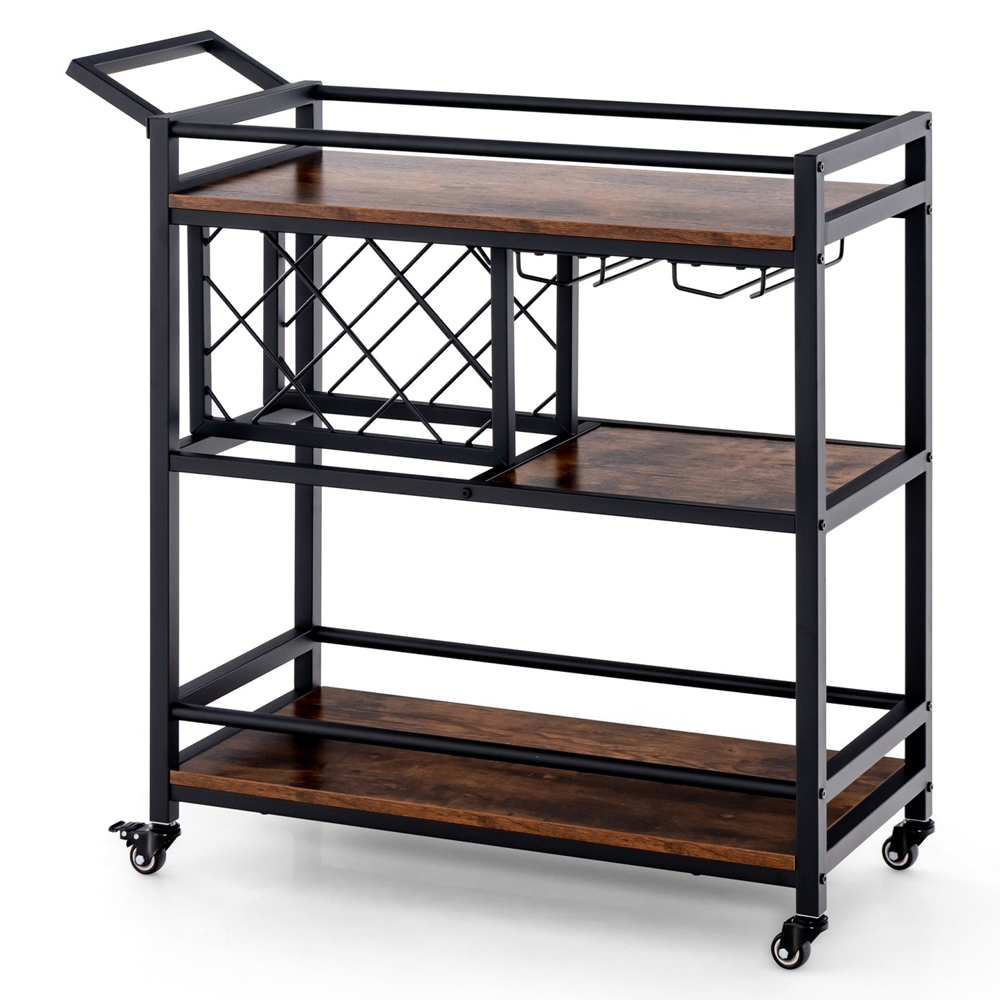 3-Tier Bar Cart Serving Cart w/Wine Racks and Glass Holders-Walnut