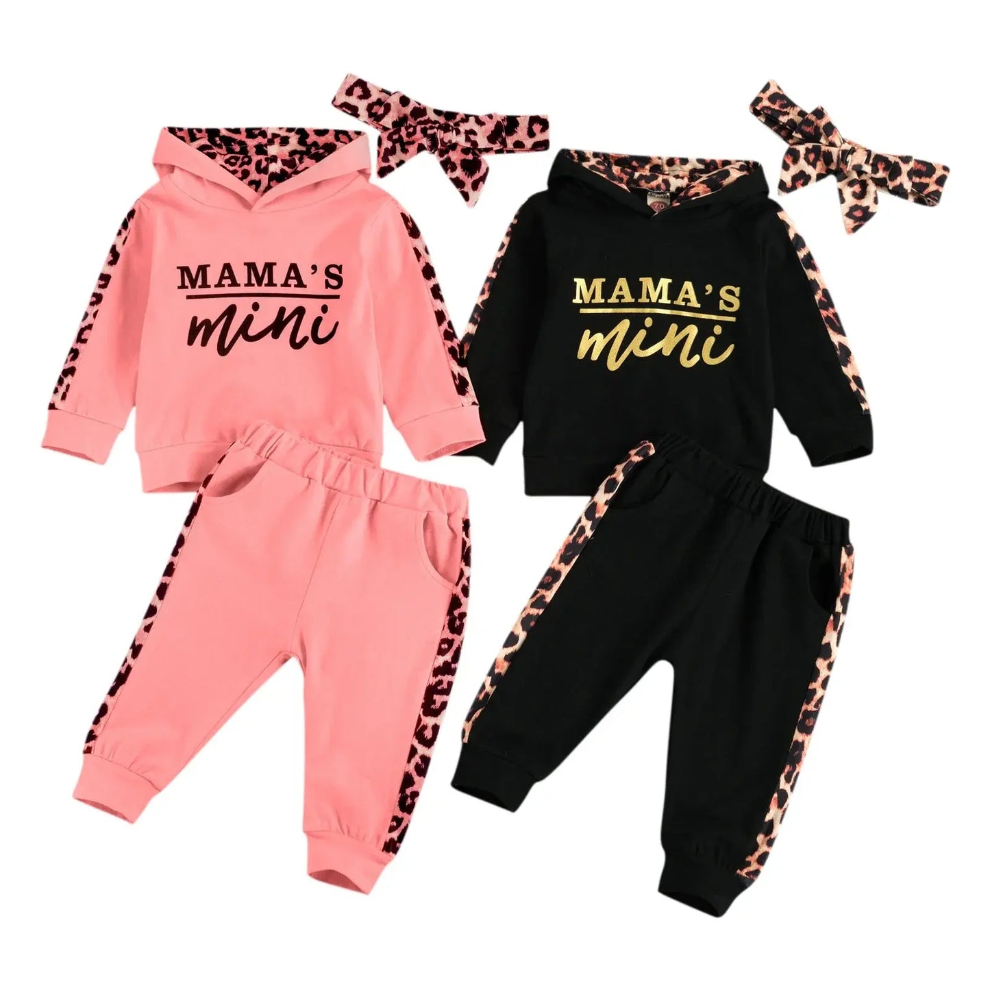 Infant Baby Girl 3-Piece Outfit Set - Hooded T-shirt, Long Pants, and Headband - Letter Print, Leopard Stitching - Spring/Fall Clothes