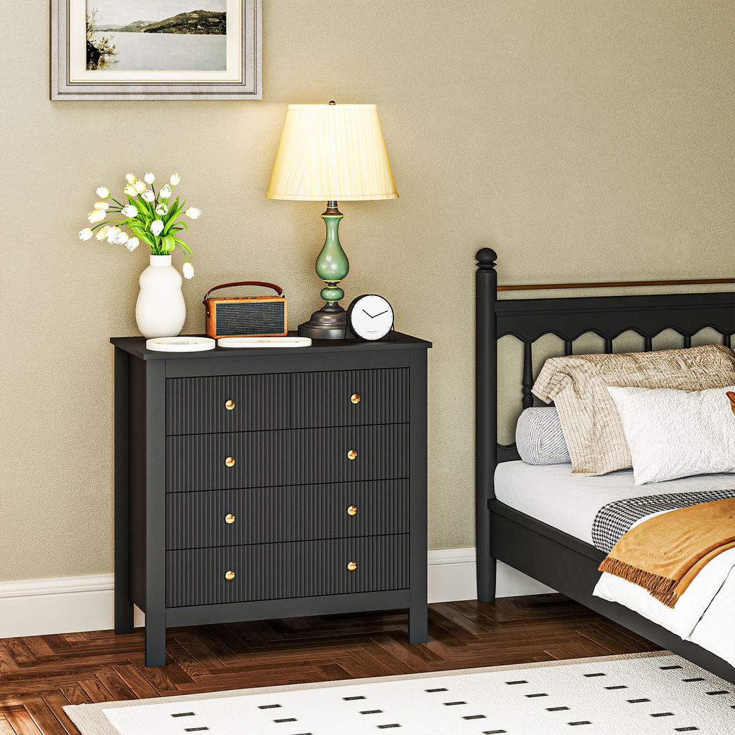 HOMCOM Fluted Bedroom Chest of Drawers w/ 5 Drawers Gold Tone Handles