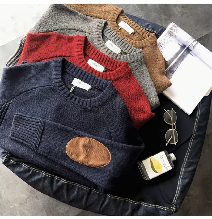 Men’s Thick Knit Sweater with Elbow Patches – Casual Oversized Pullover, Autumn Winter Crew Neck Knitwear (M–5XL)