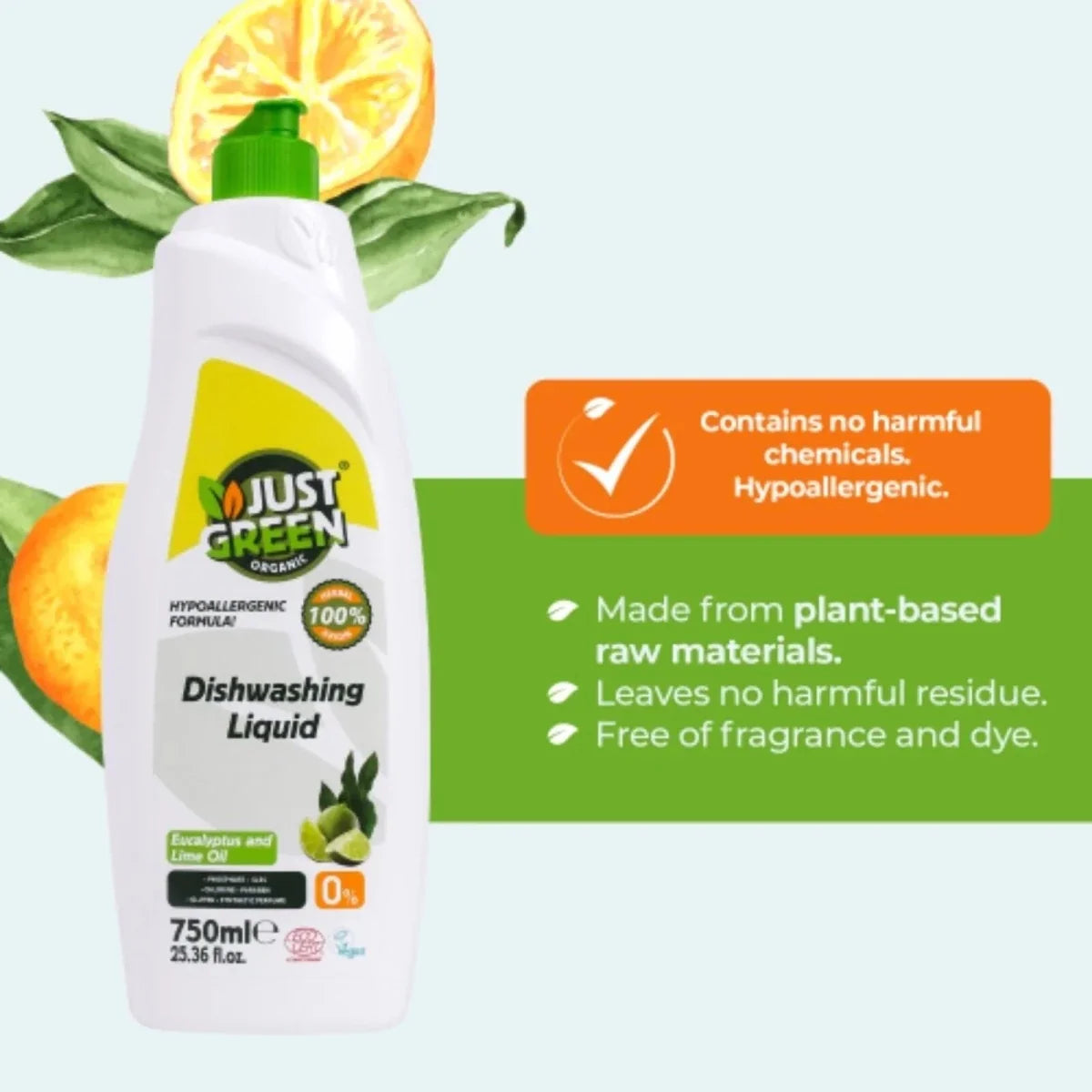 Just Green Organic Eucalyptus & Lime Oil Dishwashing Liquid 750ml