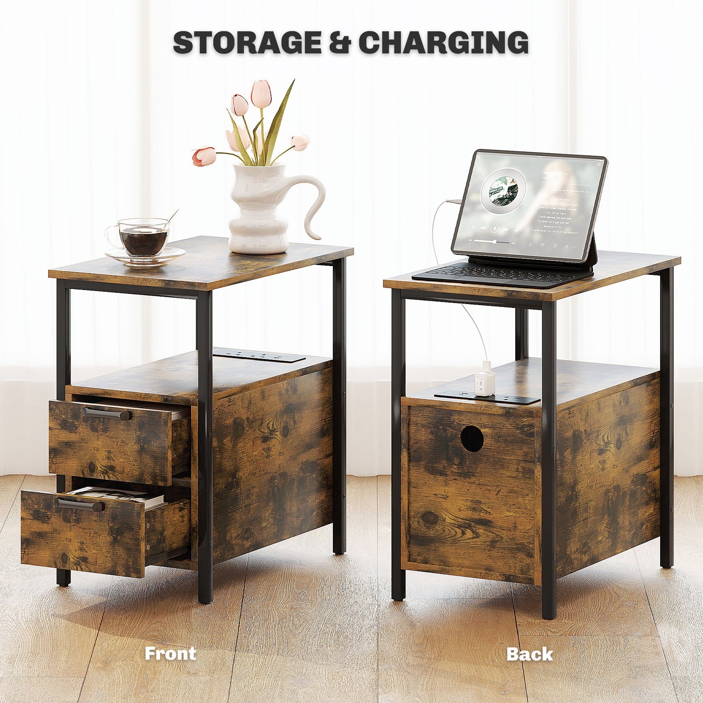 HOMCOM Bedside Table with Charging Station for Living Room, Rustic Brown