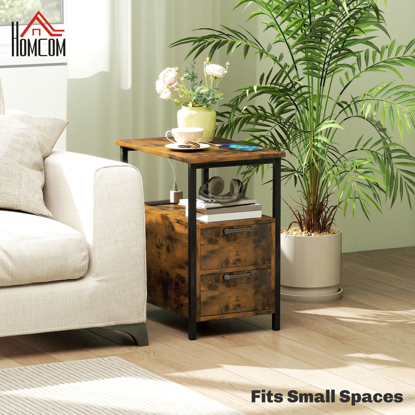 HOMCOM Bedside Table with Charging Station for Living Room, Rustic Brown