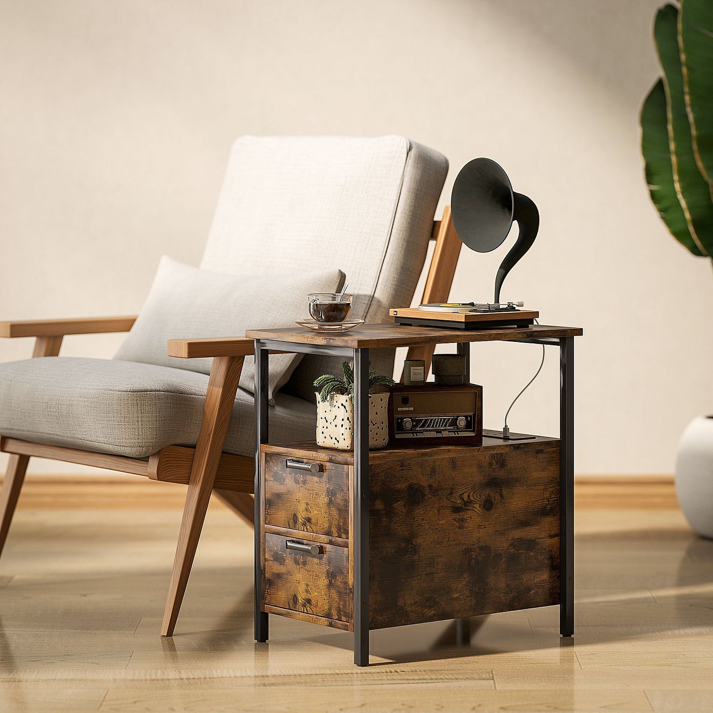 HOMCOM Bedside Table with Charging Station for Living Room, Rustic Brown