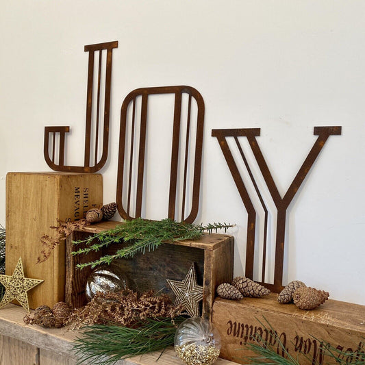 JOY Art Deco Rusty Metel Letters 12 Inches Tall Christmas Mantle Fireplace Decoration