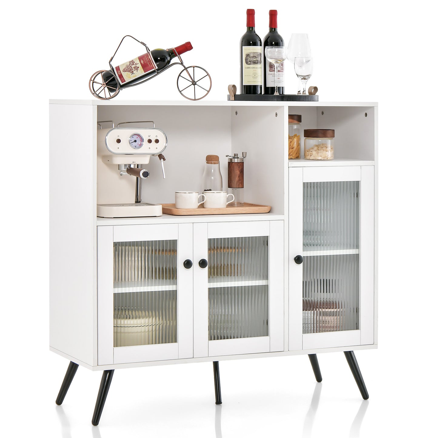 Industrial Wooden Kitchen Storage Cabinet with Tempered Glass Doors-Brown