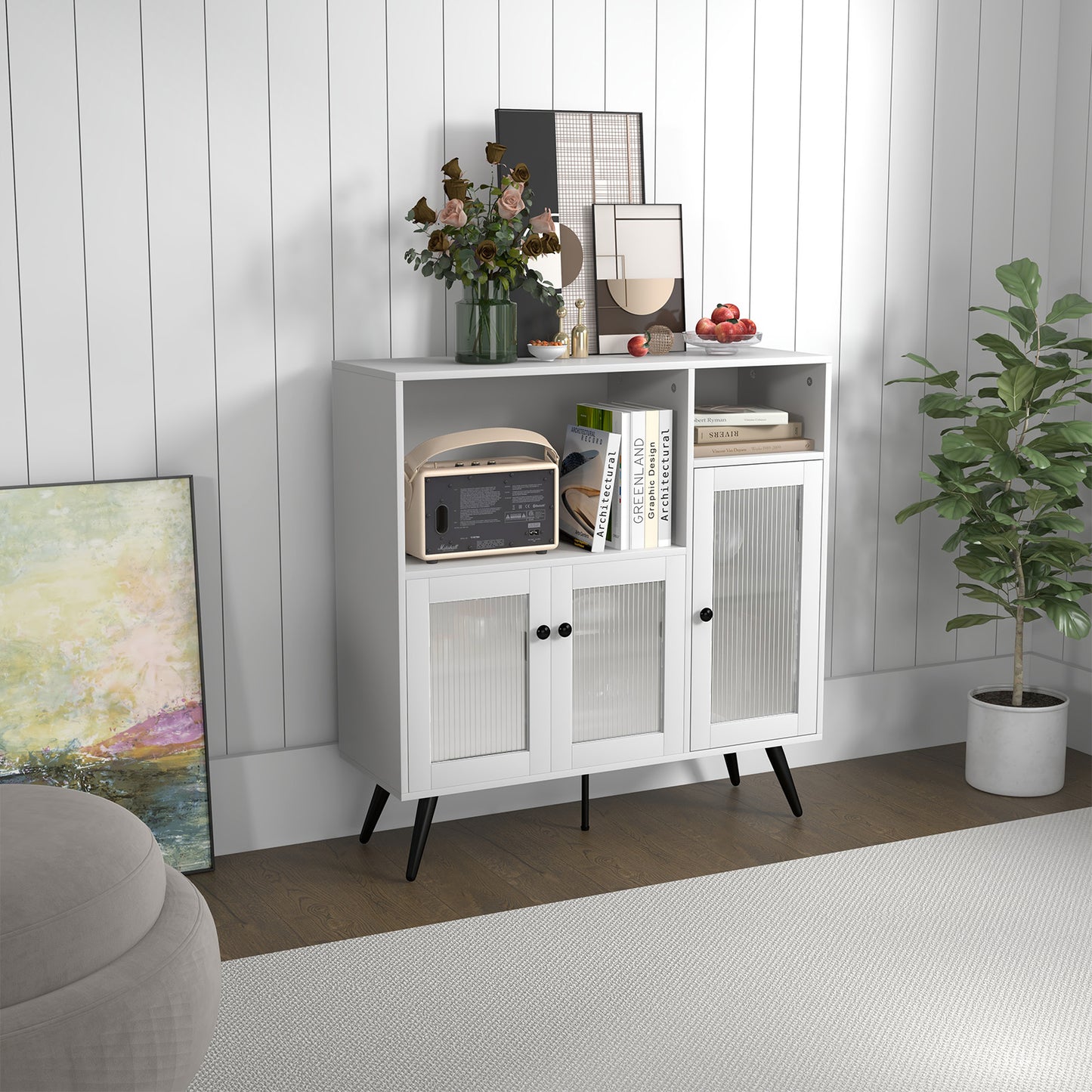 Industrial Wooden Kitchen Storage Cabinet with Tempered Glass Doors-Brown