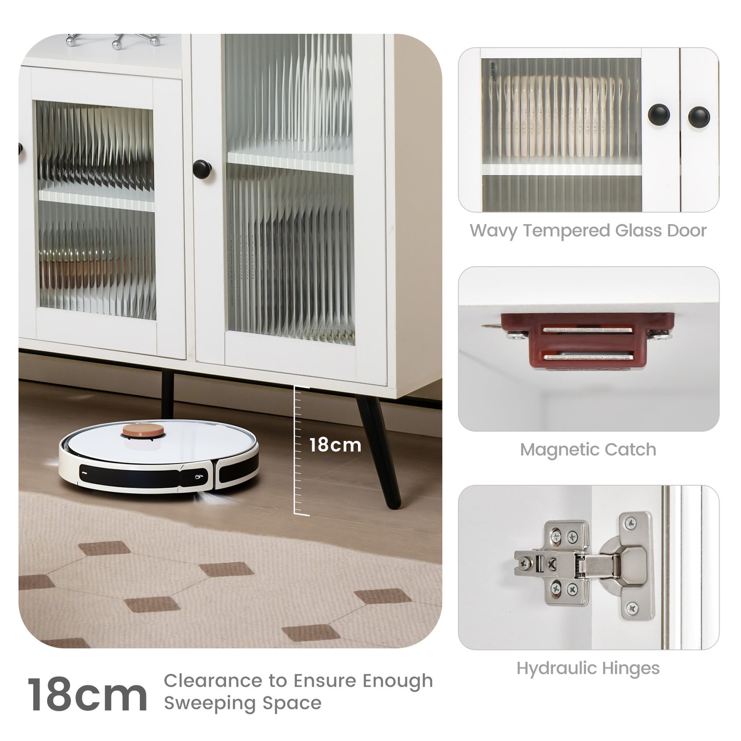 Industrial Wooden Kitchen Storage Cabinet with Tempered Glass Doors-Brown