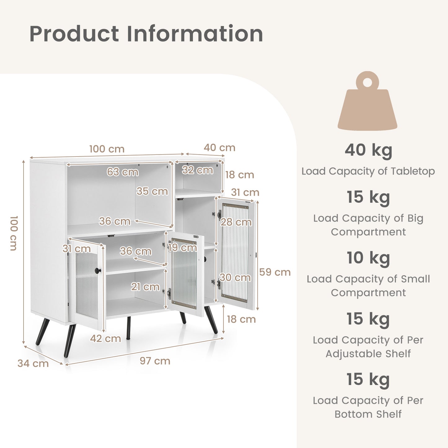 Industrial Wooden Kitchen Storage Cabinet with Tempered Glass Doors-Brown