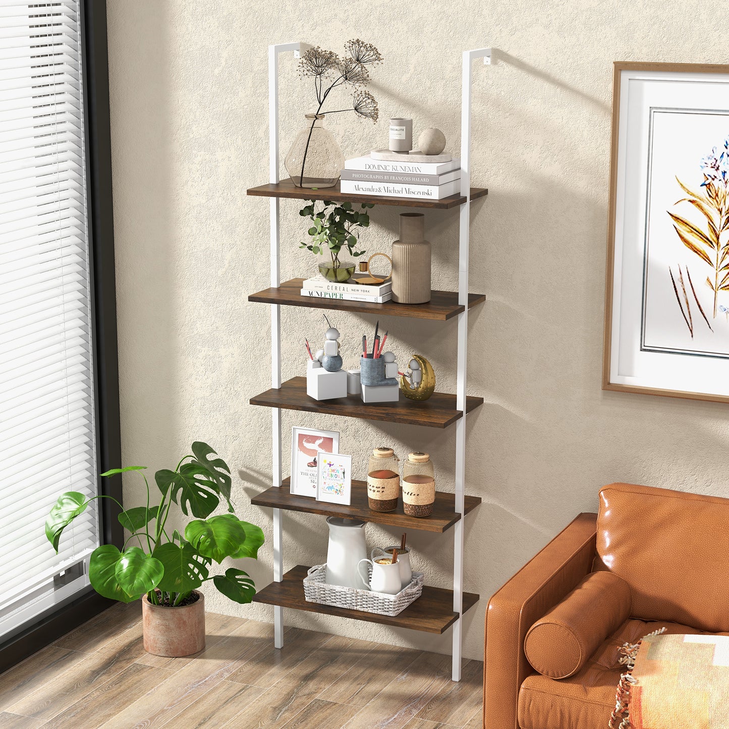 5-Tier Ladder Shelf with Steel Frame for Living Room Bedroom Office-Coffee