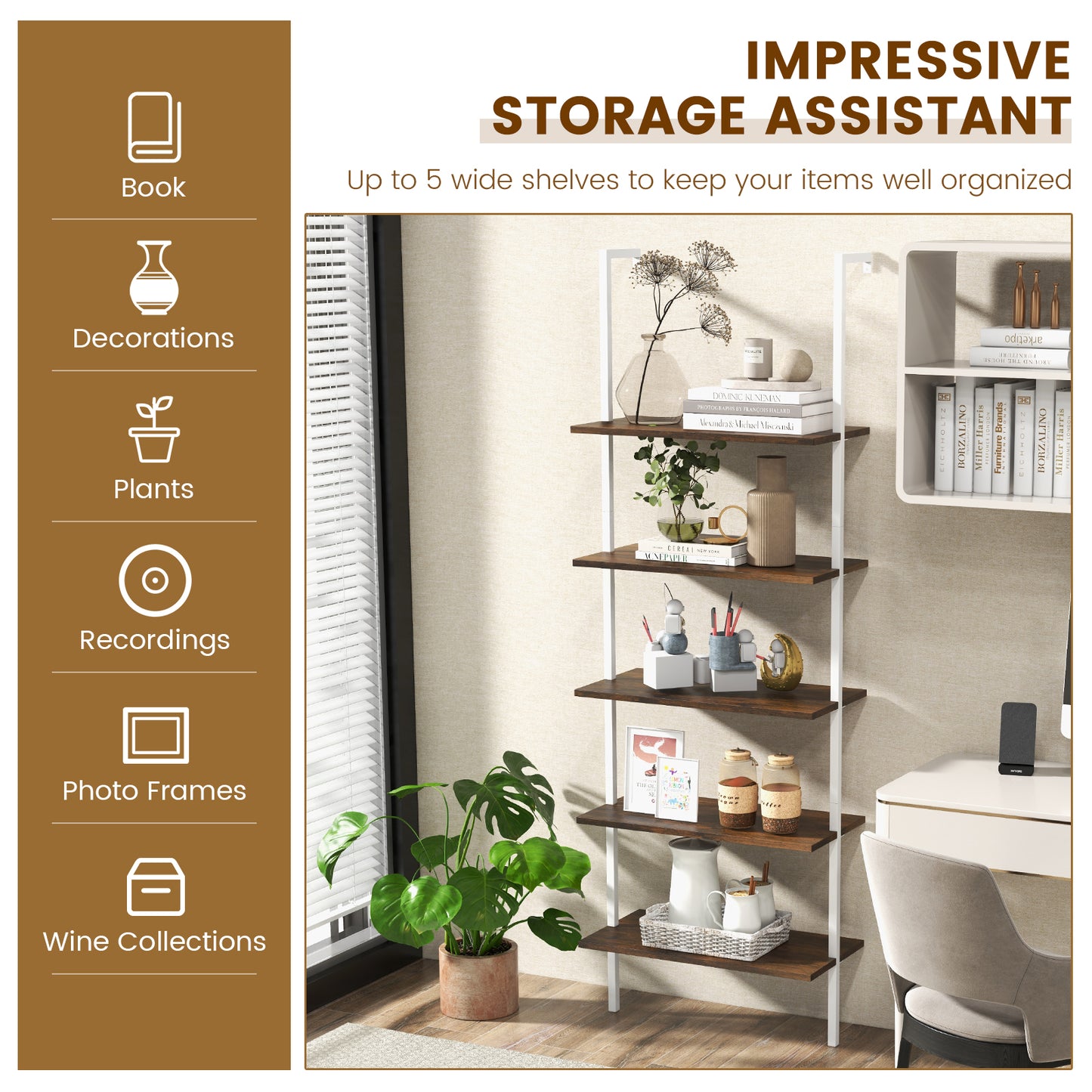 5-Tier Ladder Shelf with Steel Frame for Living Room Bedroom Office-Coffee