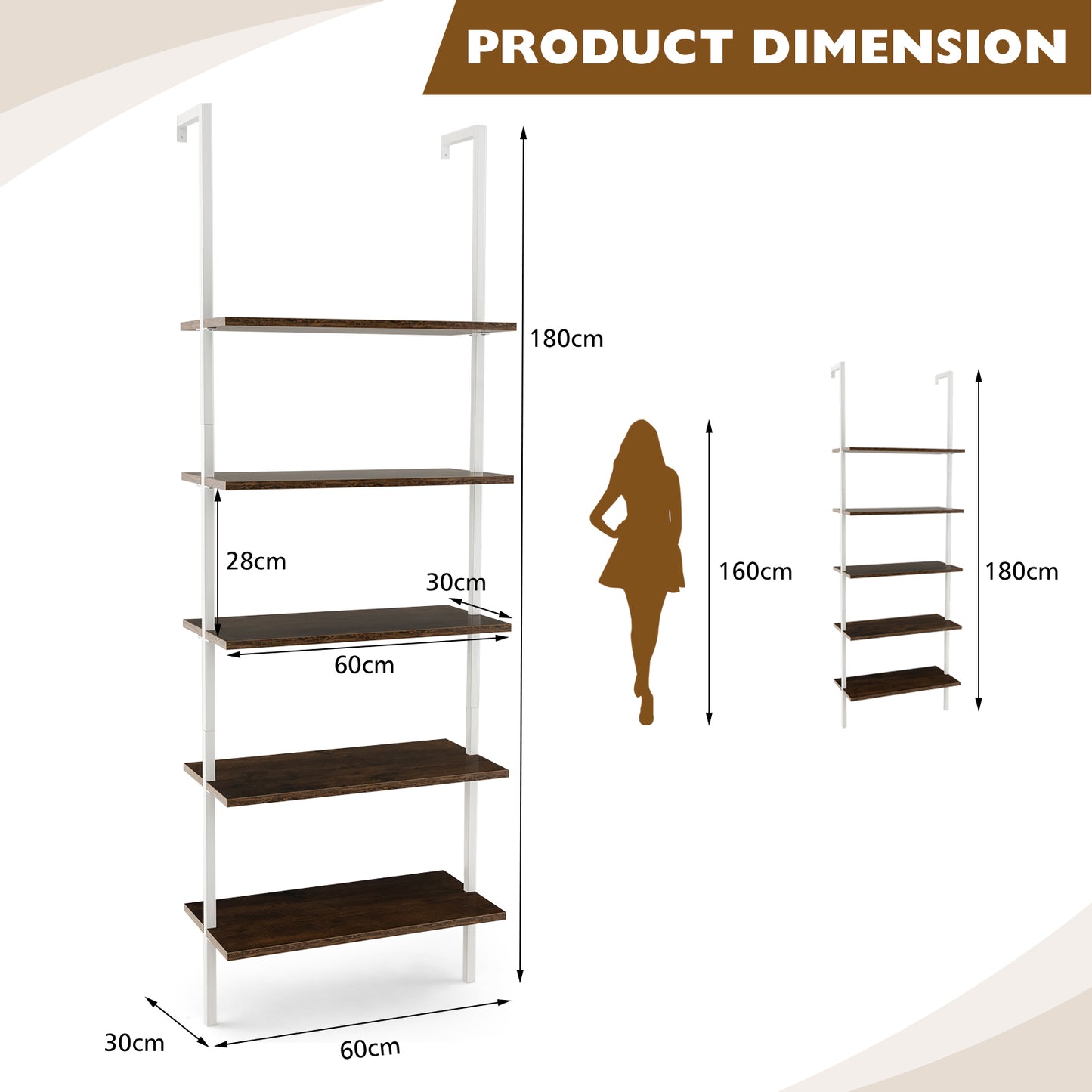 5-Tier Ladder Shelf with Steel Frame for Living Room Bedroom Office-Coffee