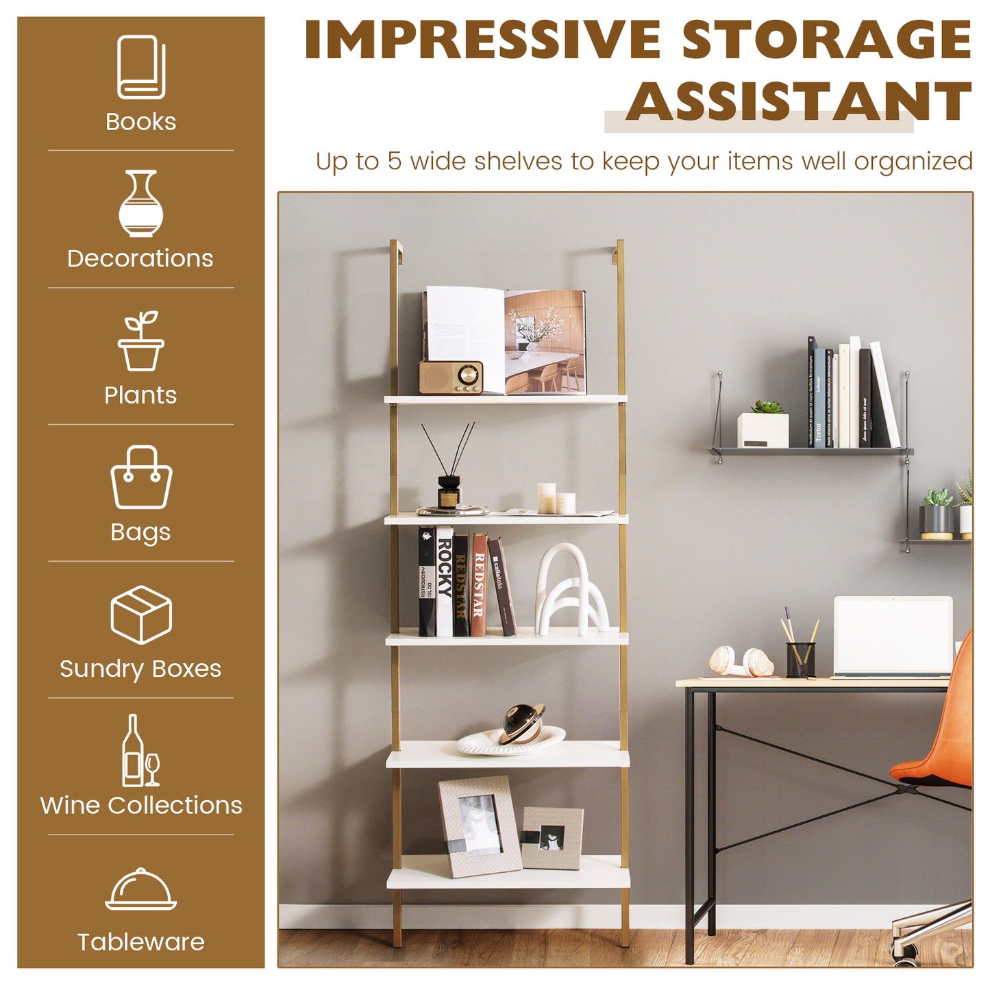 5-Tier Ladder Shelf with Steel Frame for Living Room Bedroom Office-Coffee