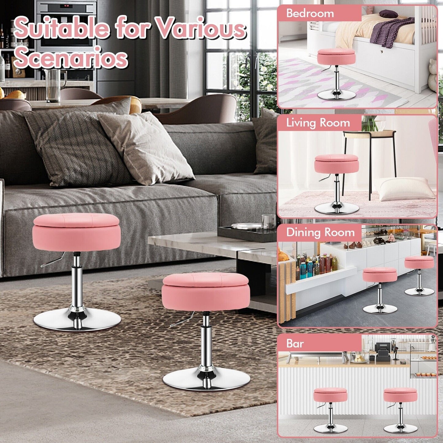 360° Swivel Vanity Stool with Removable Tray Lid-Black