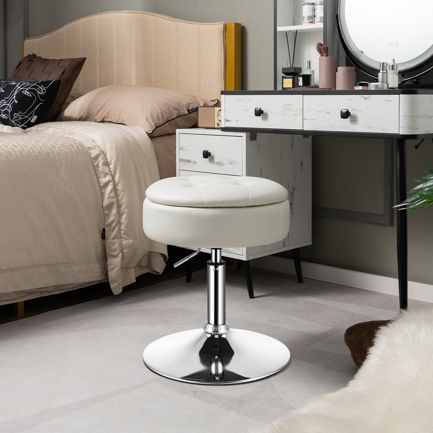 360° Swivel Vanity Stool with Removable Tray Lid-Black