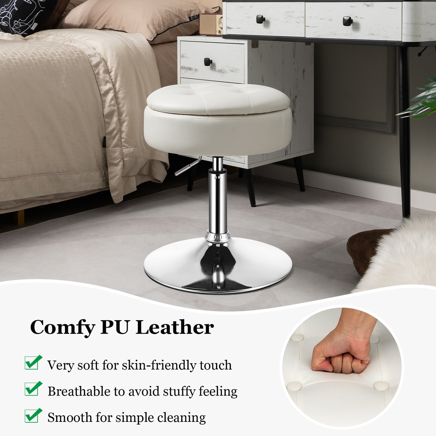 360° Swivel Vanity Stool with Removable Tray Lid-Black