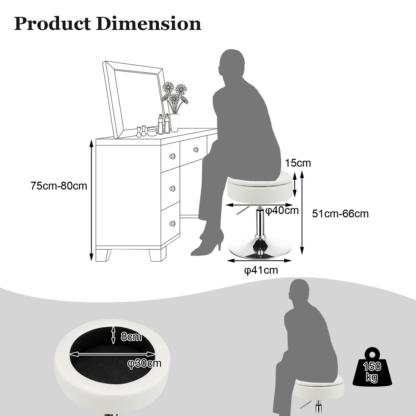 360° Swivel Vanity Stool with Removable Tray Lid-Black