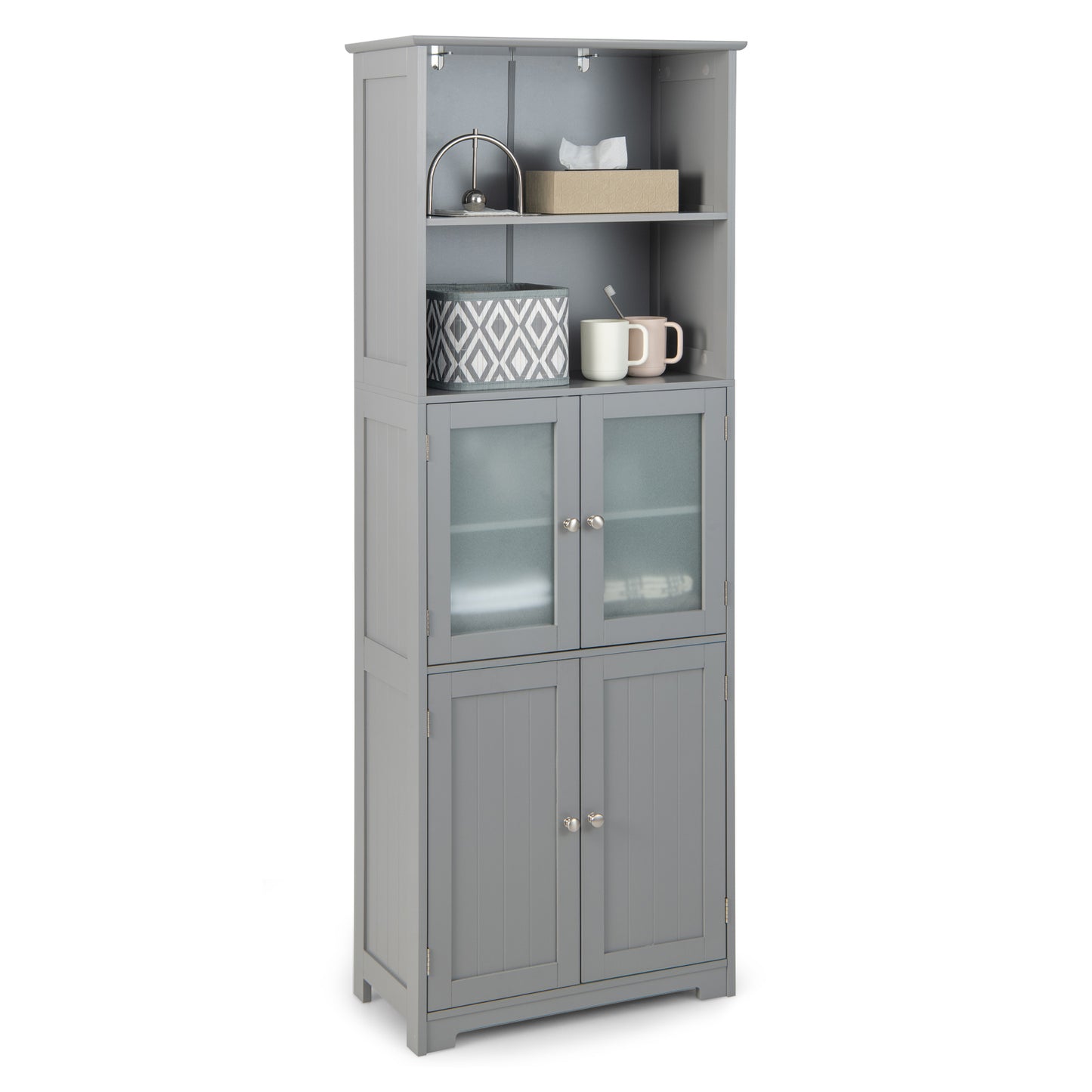 Freestanding Storage Cabinet with Tempered Glass Door and Open Shelves-Black