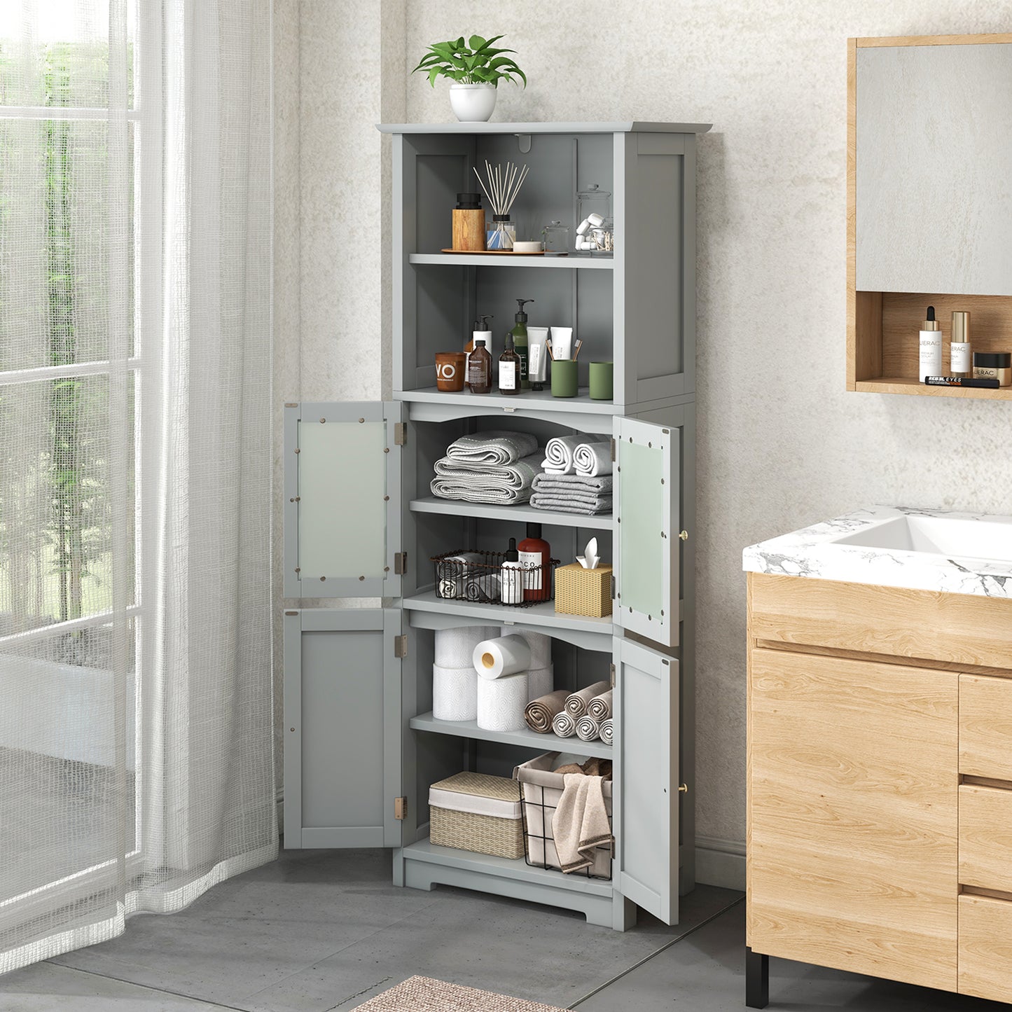 Freestanding Storage Cabinet with Tempered Glass Door and Open Shelves-Black