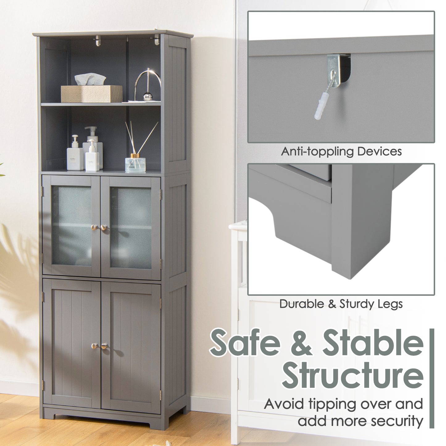 Freestanding Storage Cabinet with Tempered Glass Door and Open Shelves-Black