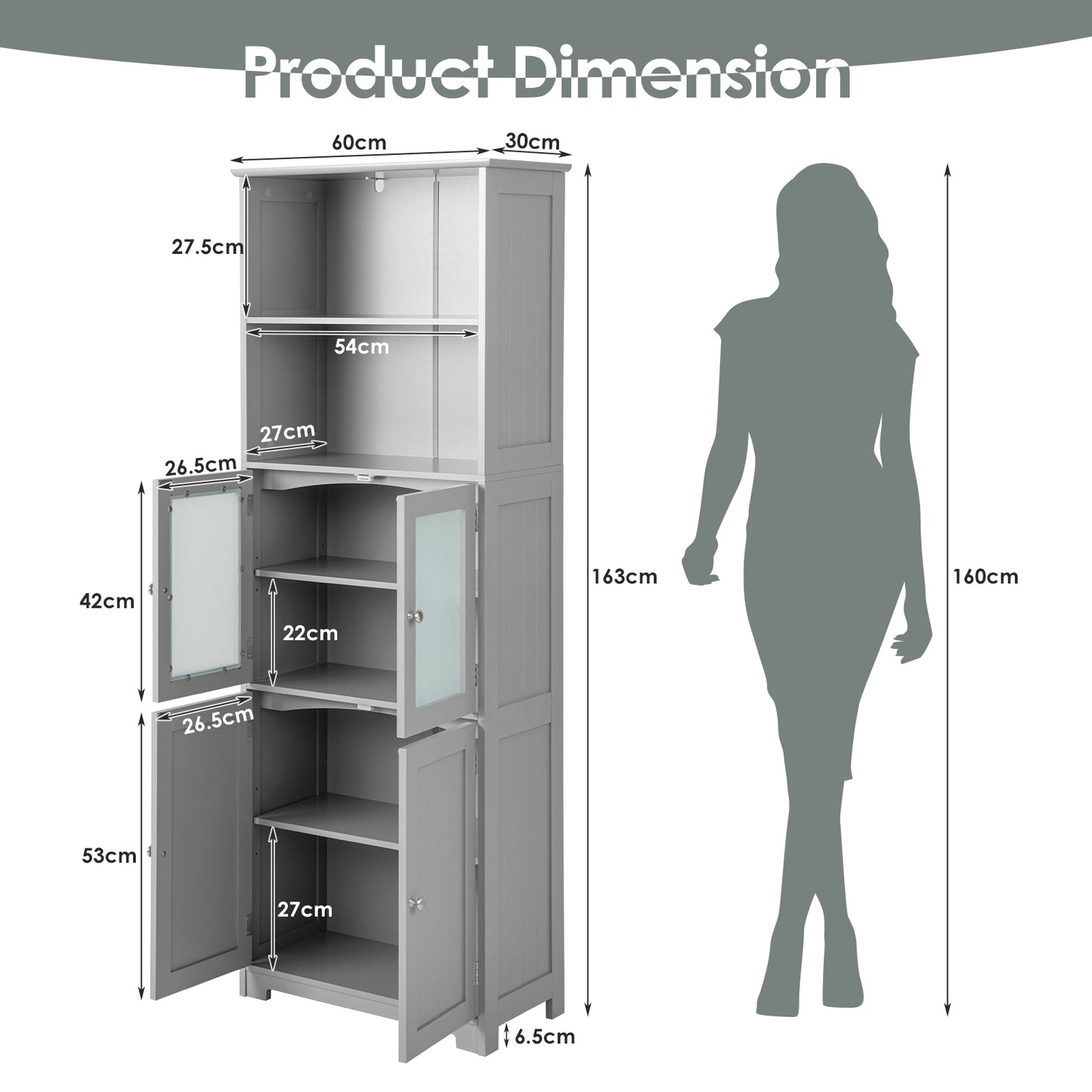 Freestanding Storage Cabinet with Tempered Glass Door and Open Shelves-Black