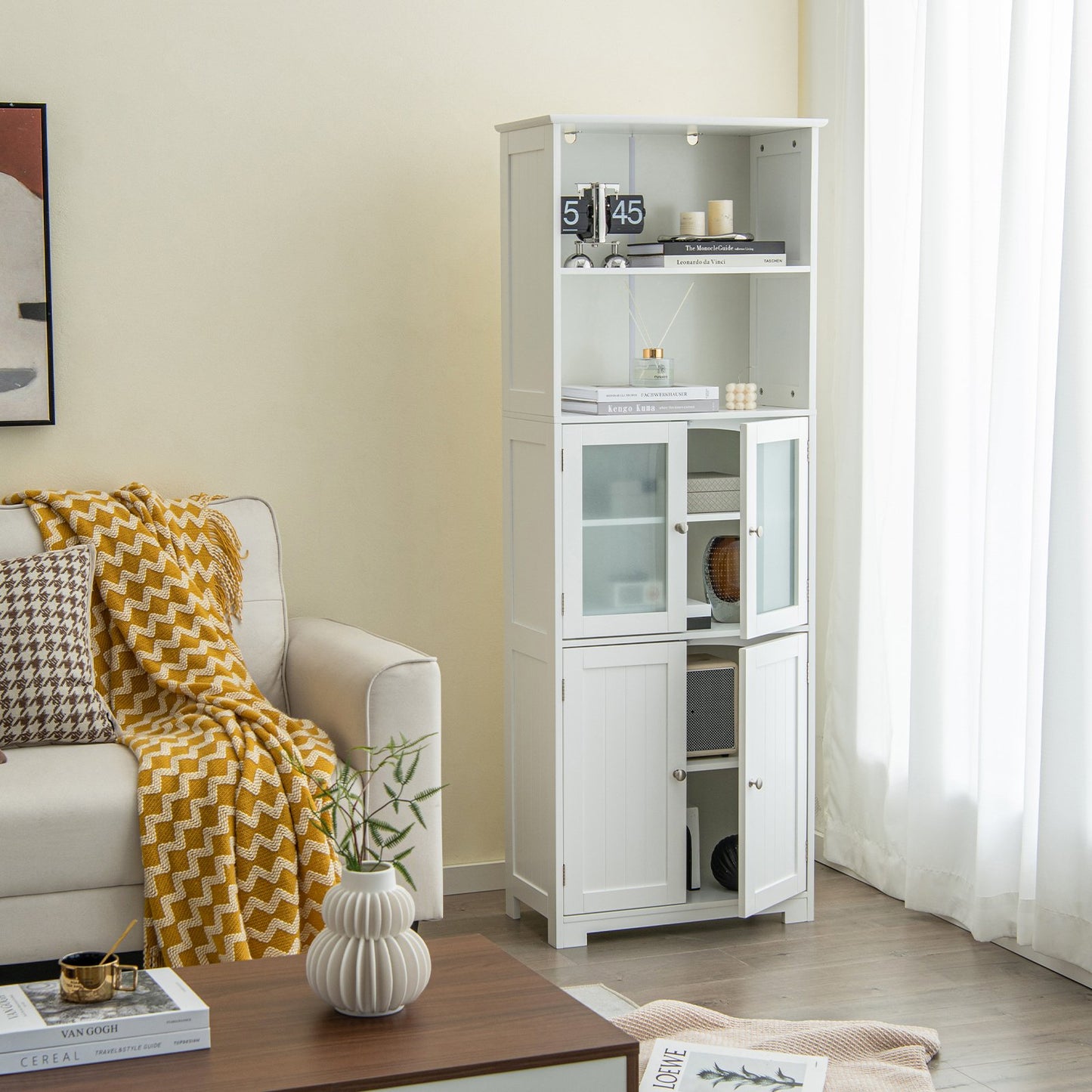 Freestanding Storage Cabinet with Tempered Glass Door and Open Shelves-Black