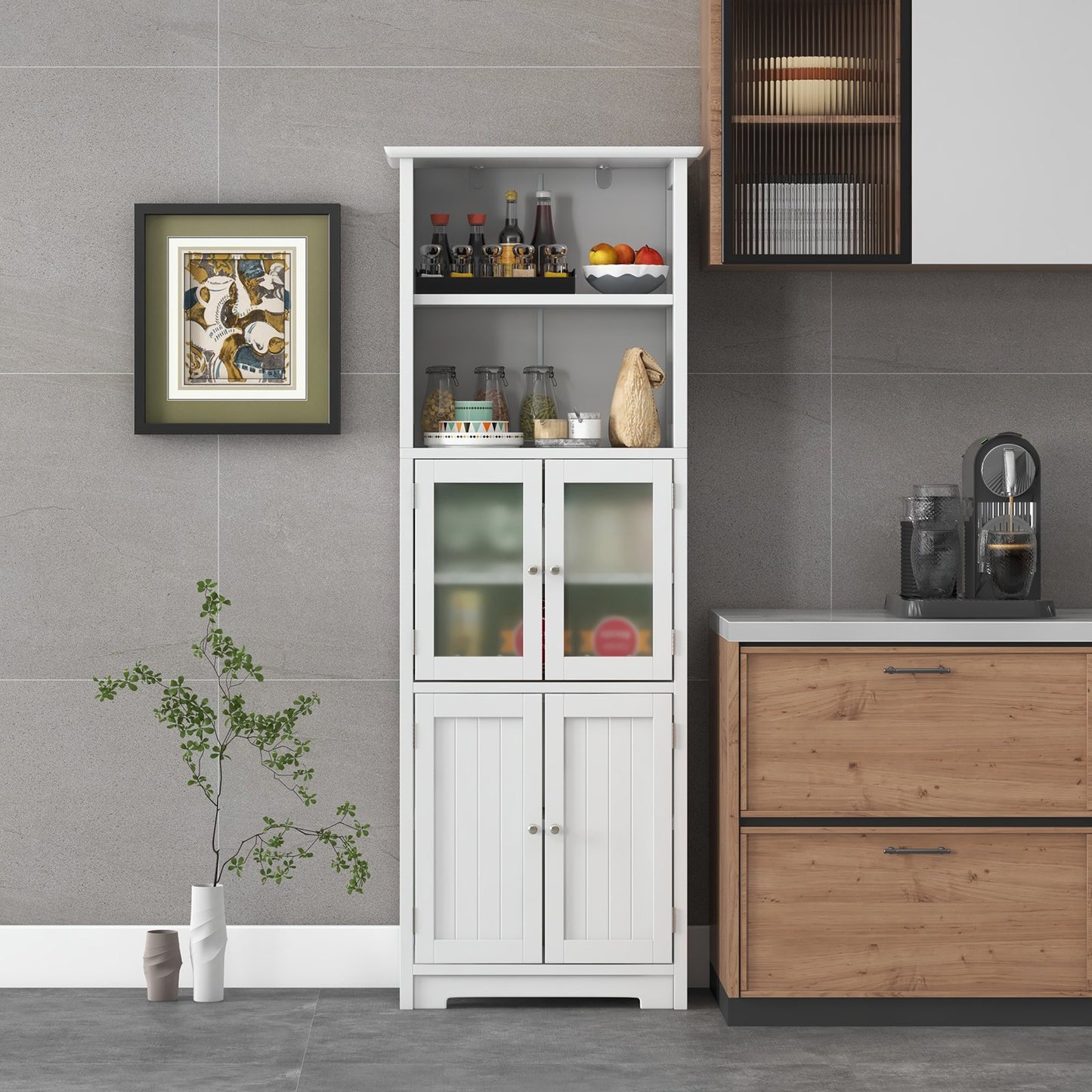 Freestanding Storage Cabinet with Tempered Glass Door and Open Shelves-Black