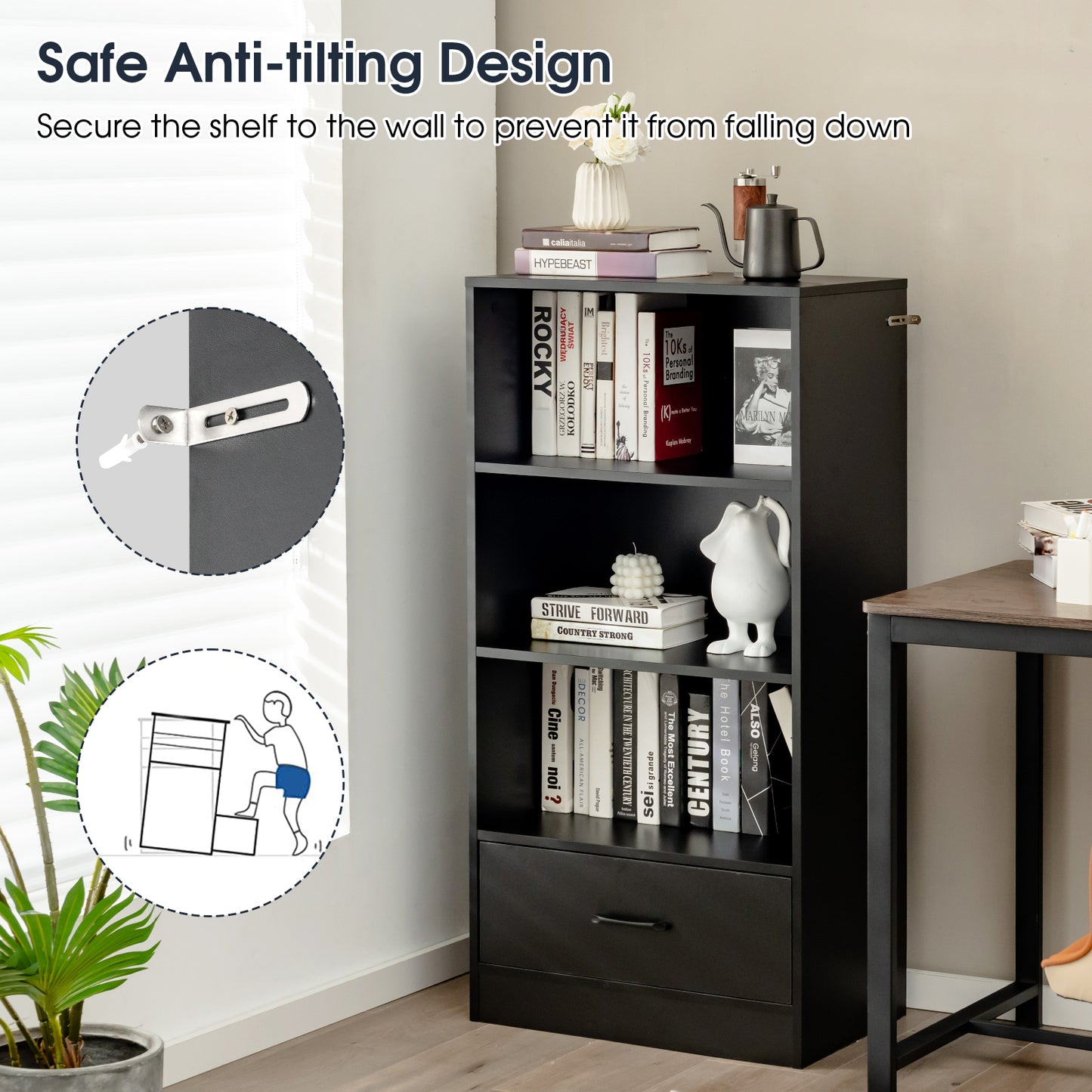Wooden Storage Bookshelf Cabinet with 3-Tier Open Shelves and Drawer-Natural