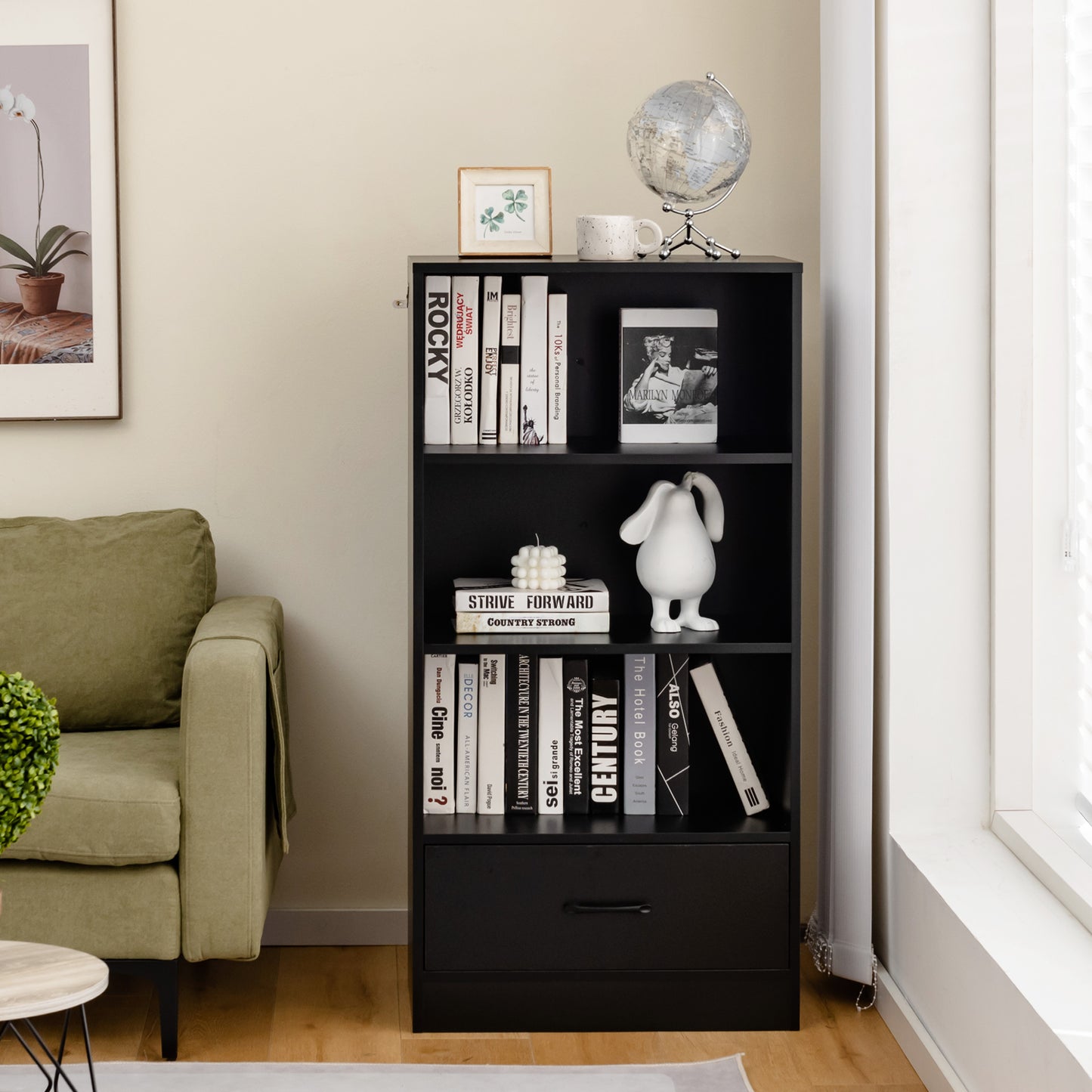 Wooden Storage Bookshelf Cabinet with 3-Tier Open Shelves and Drawer-Natural