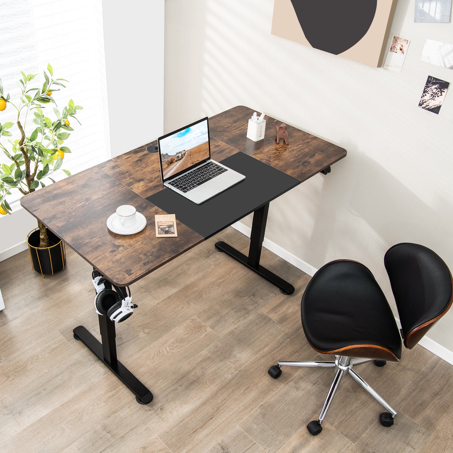 Height Adjustable Home Office Computer Desk with Headphone Hook-Grey