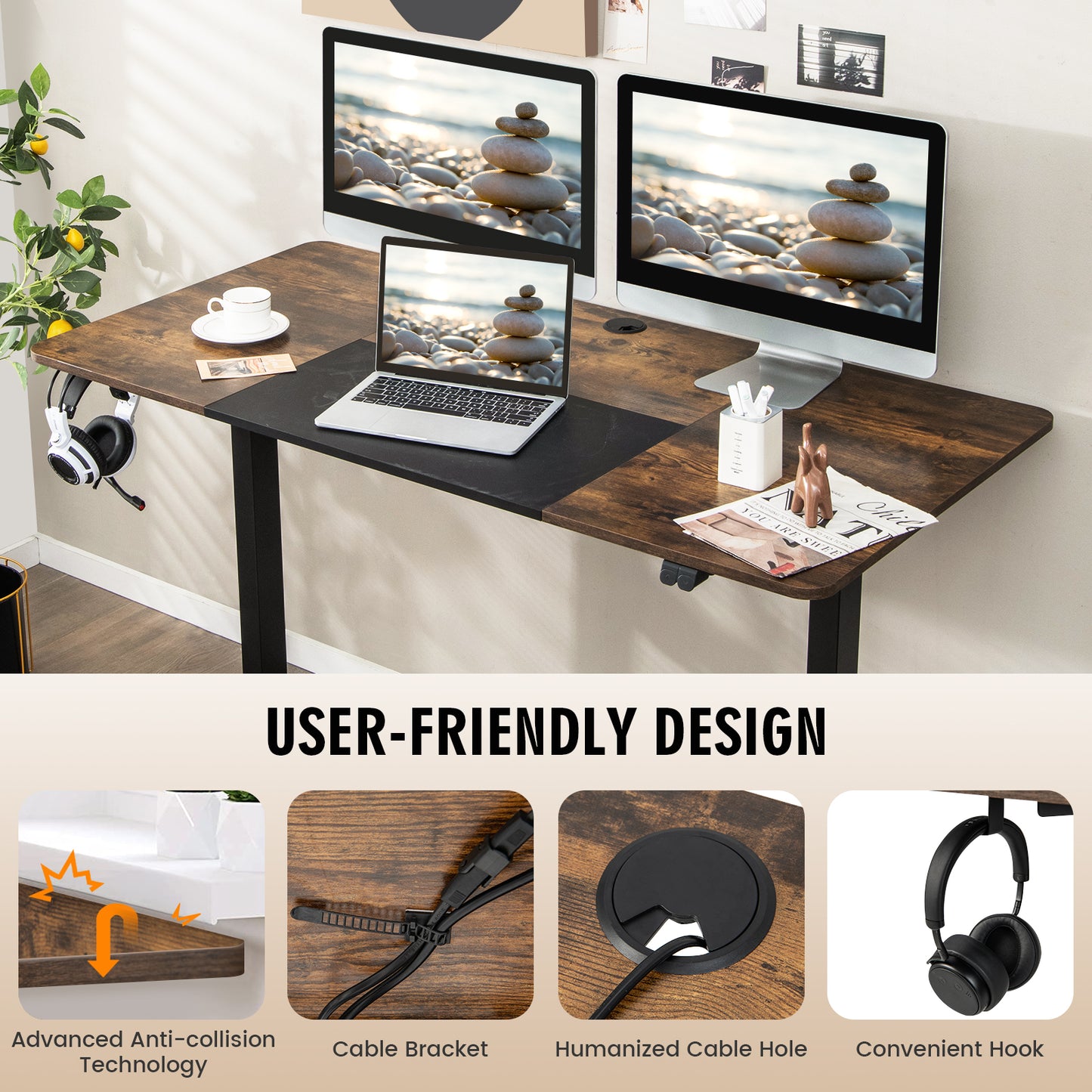 Height Adjustable Home Office Computer Desk with Headphone Hook-Grey