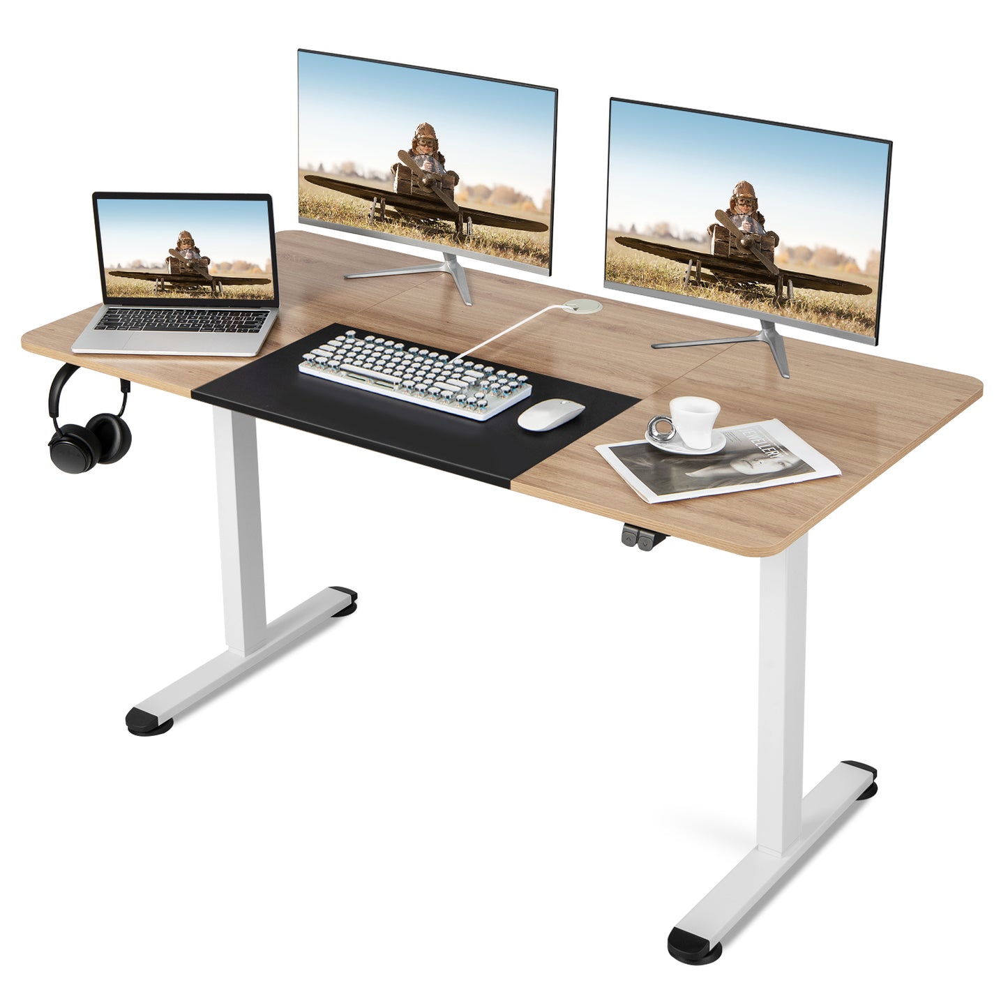 Height Adjustable Home Office Computer Desk with Headphone Hook-Grey