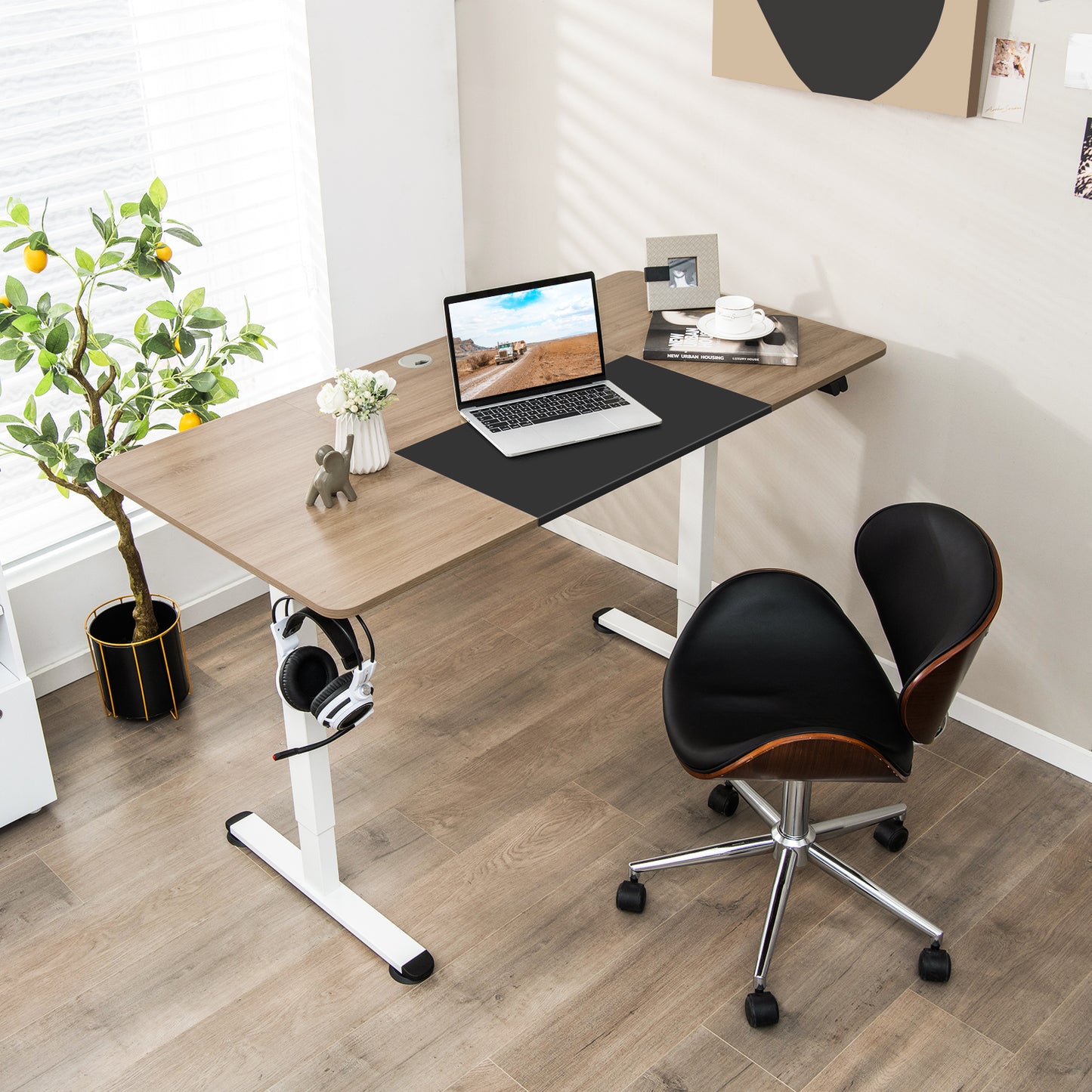 Height Adjustable Home Office Computer Desk with Headphone Hook-Grey