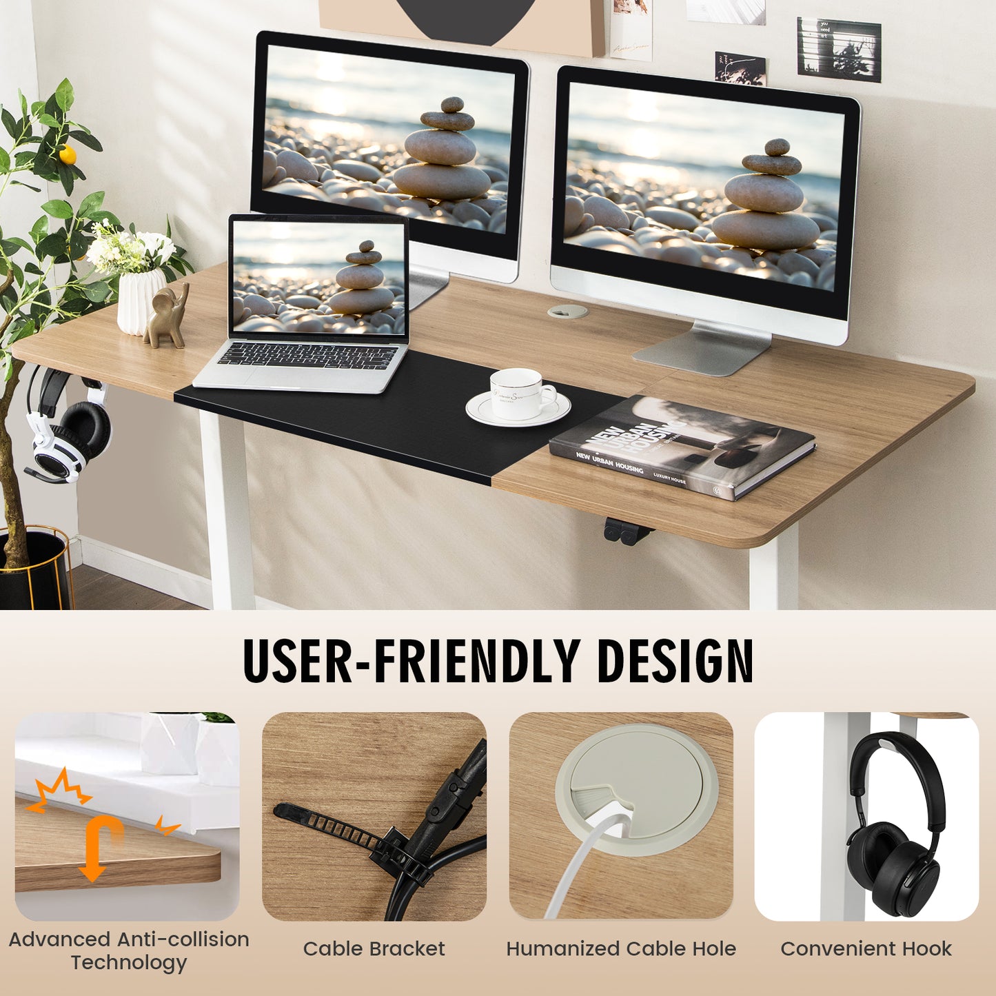 Height Adjustable Home Office Computer Desk with Headphone Hook-Grey