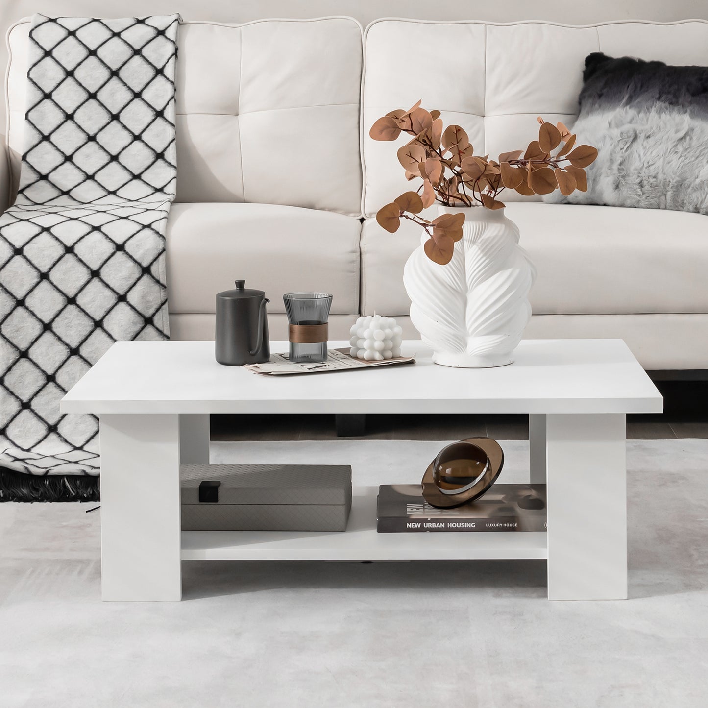 2-Tier Wooden Coffee Table with Storage Shelf and 5 Support Legs-Grey