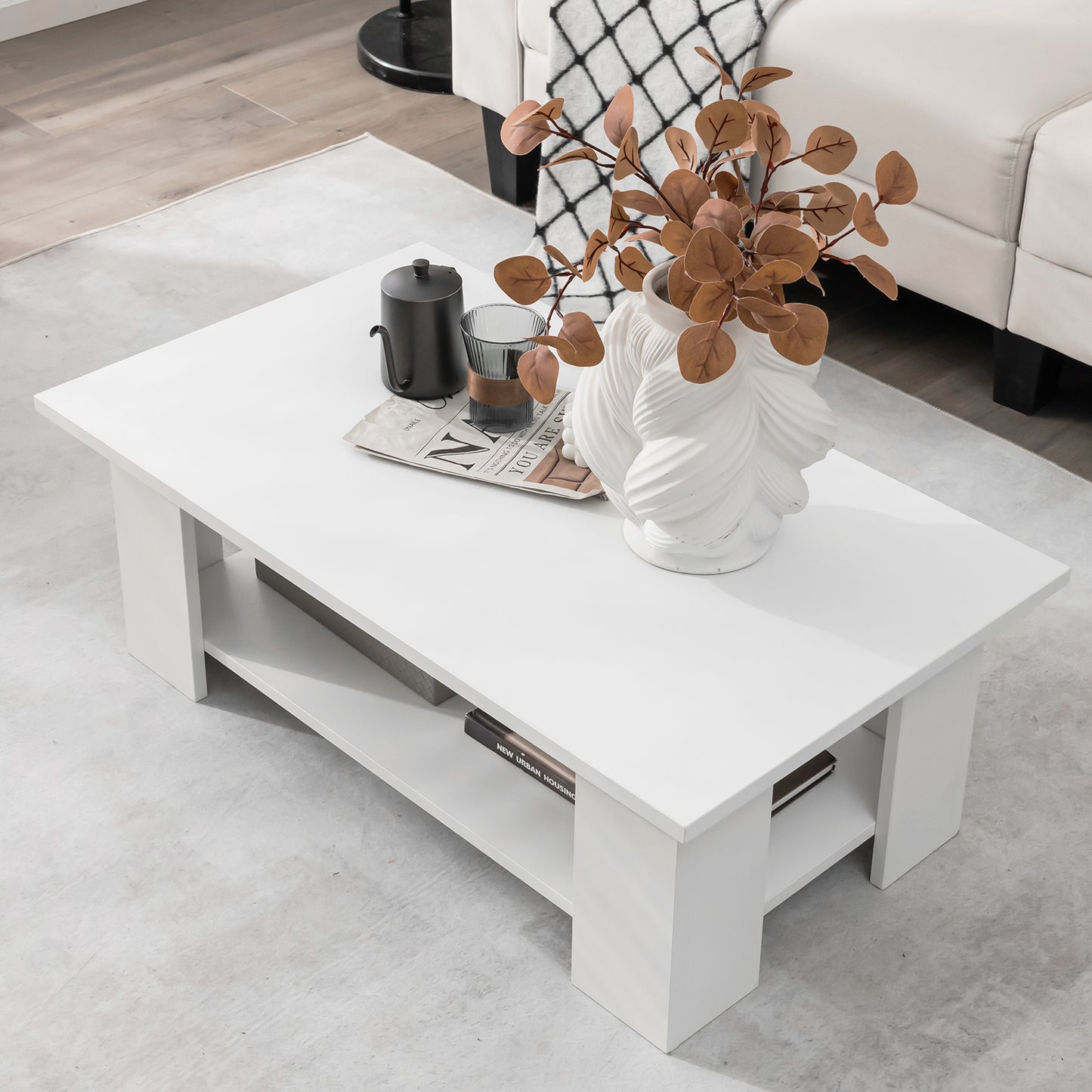 2-Tier Wooden Coffee Table with Storage Shelf and 5 Support Legs-Grey