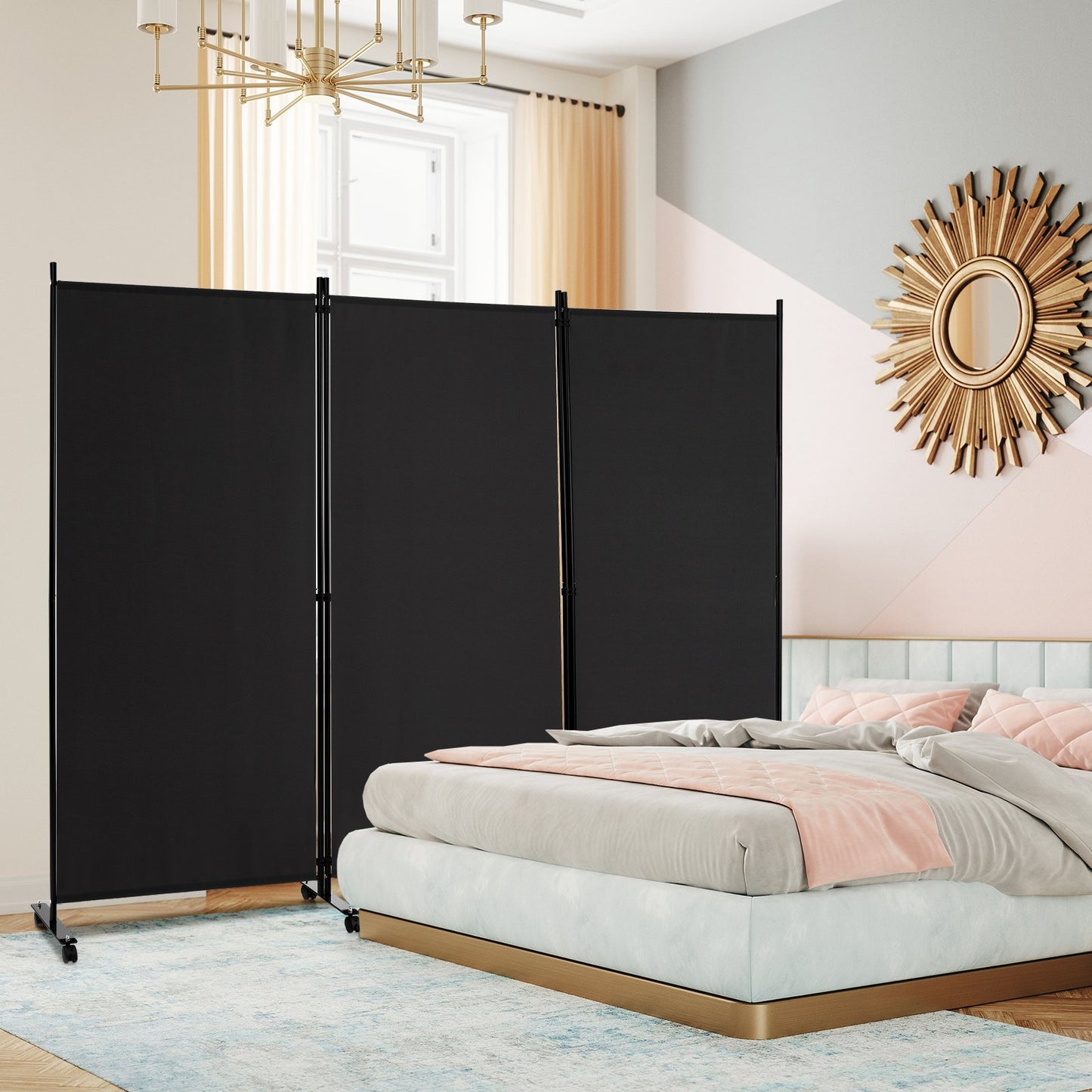 3-Panel Folding Room Divider with Wheels for Living Room Bedroom-Beige