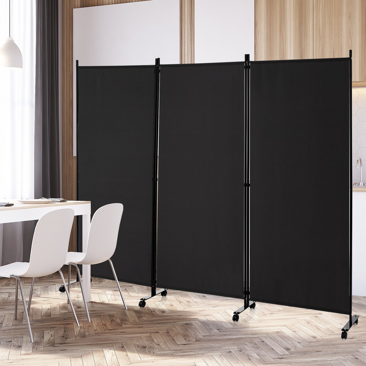3-Panel Folding Room Divider with Wheels for Living Room Bedroom-Beige