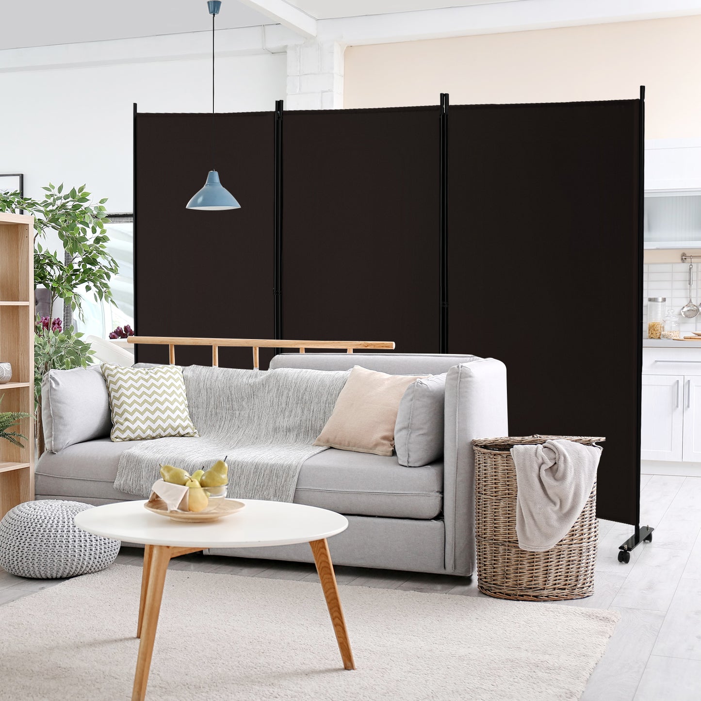 3-Panel Folding Room Divider with Wheels for Living Room Bedroom-Beige