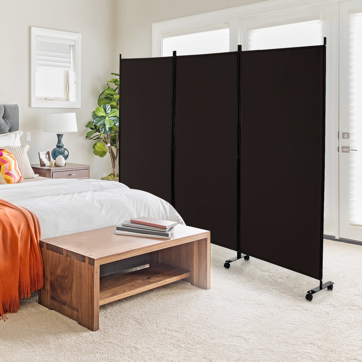 3-Panel Folding Room Divider with Wheels for Living Room Bedroom-Beige