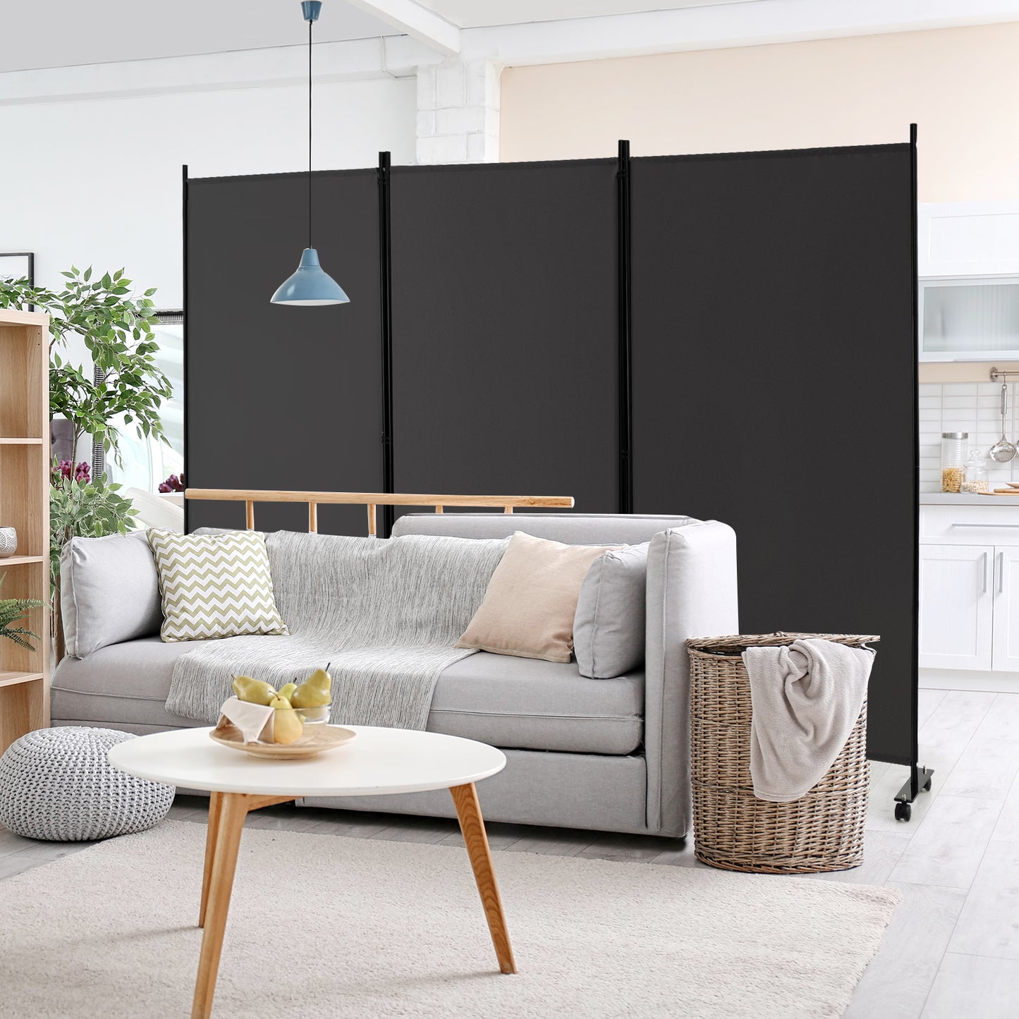 3-Panel Folding Room Divider with Wheels for Living Room Bedroom-Beige