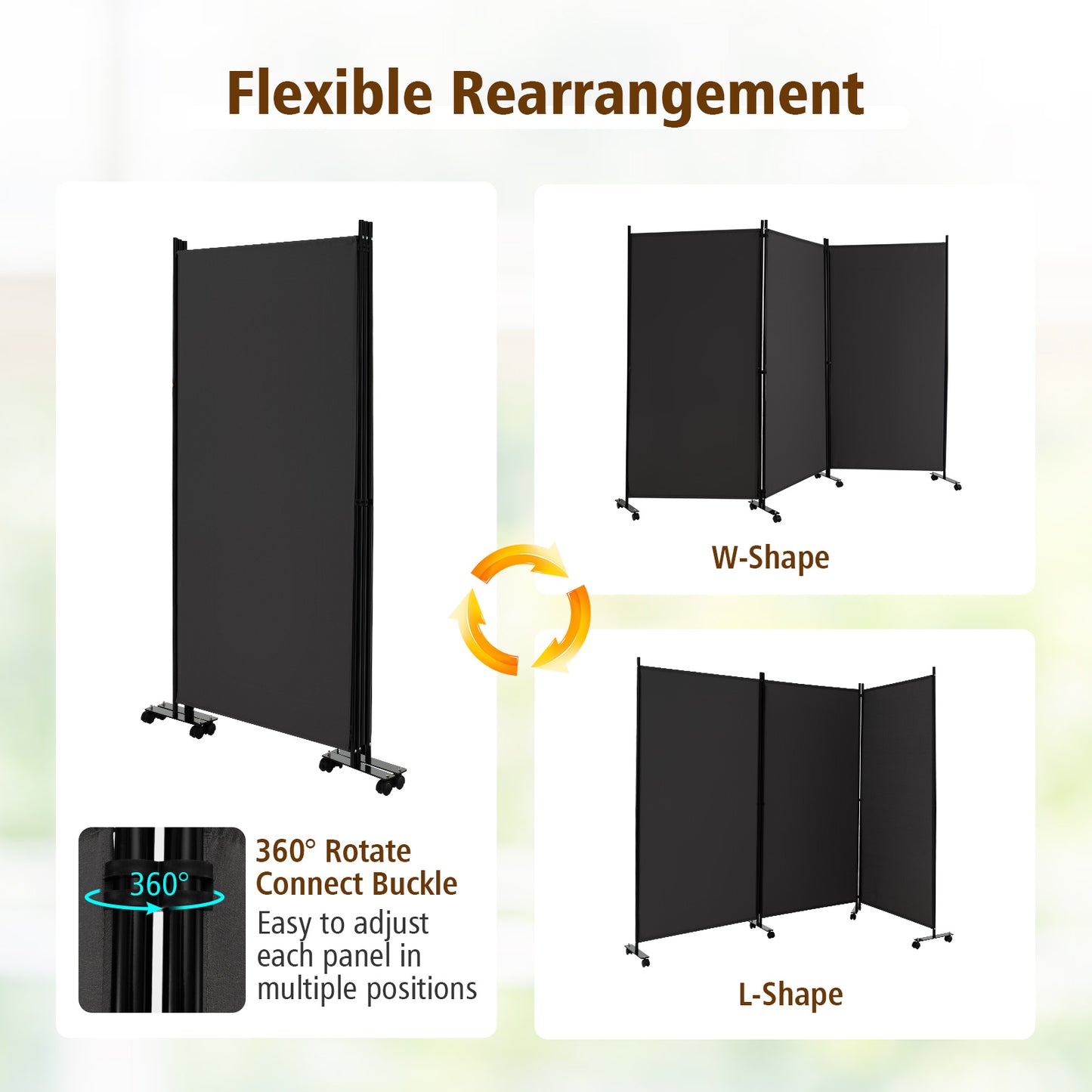 3-Panel Folding Room Divider with Wheels for Living Room Bedroom-Beige