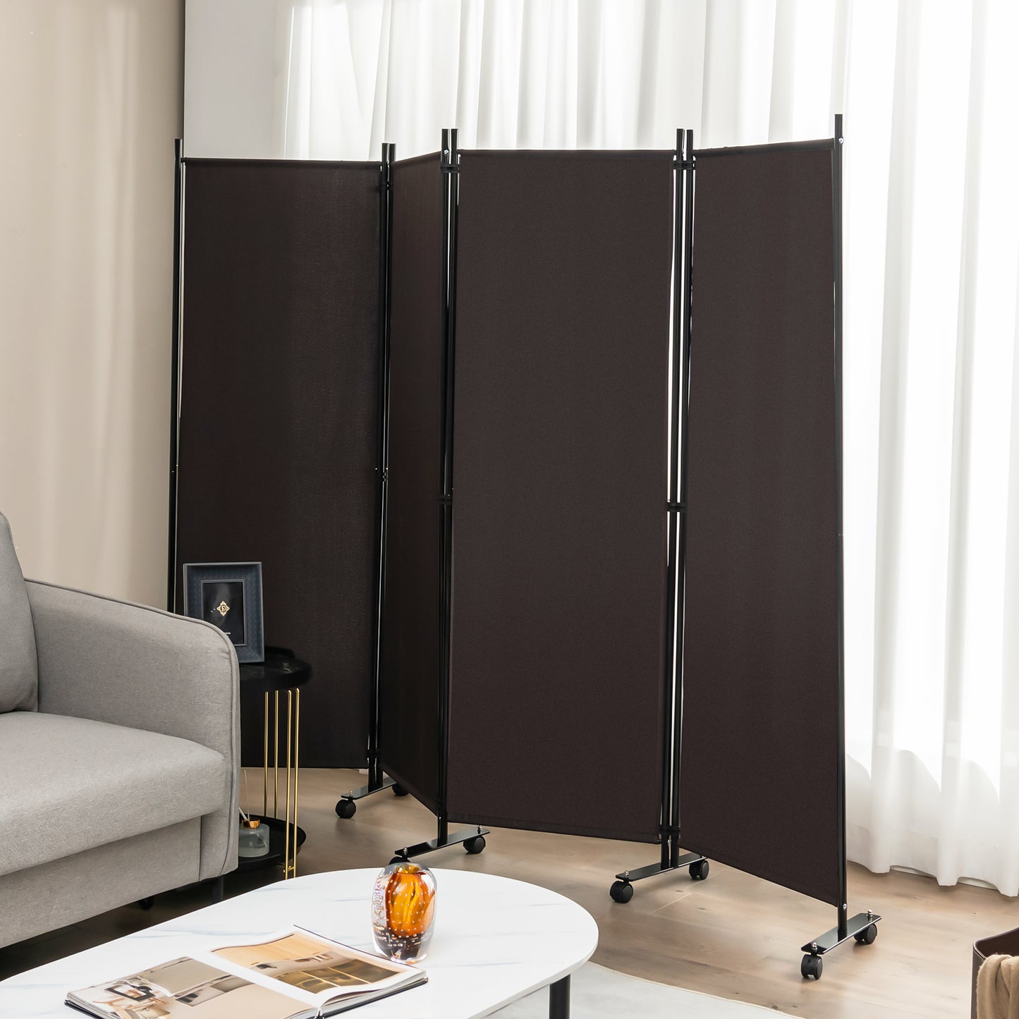 4-Panel Folding Room Divider with Wheels for Living Room Bedroom -Black