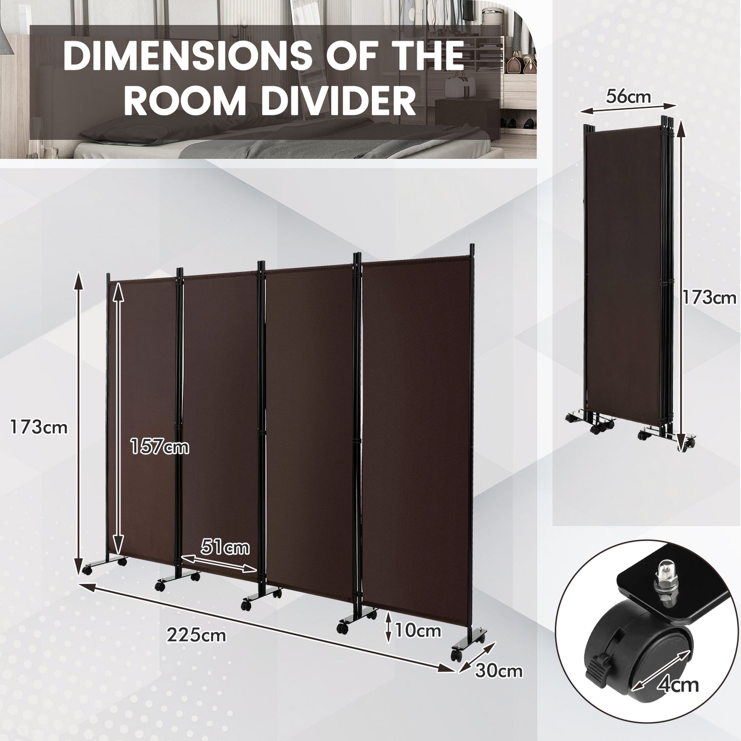 4-Panel Folding Room Divider with Wheels for Living Room Bedroom -Black