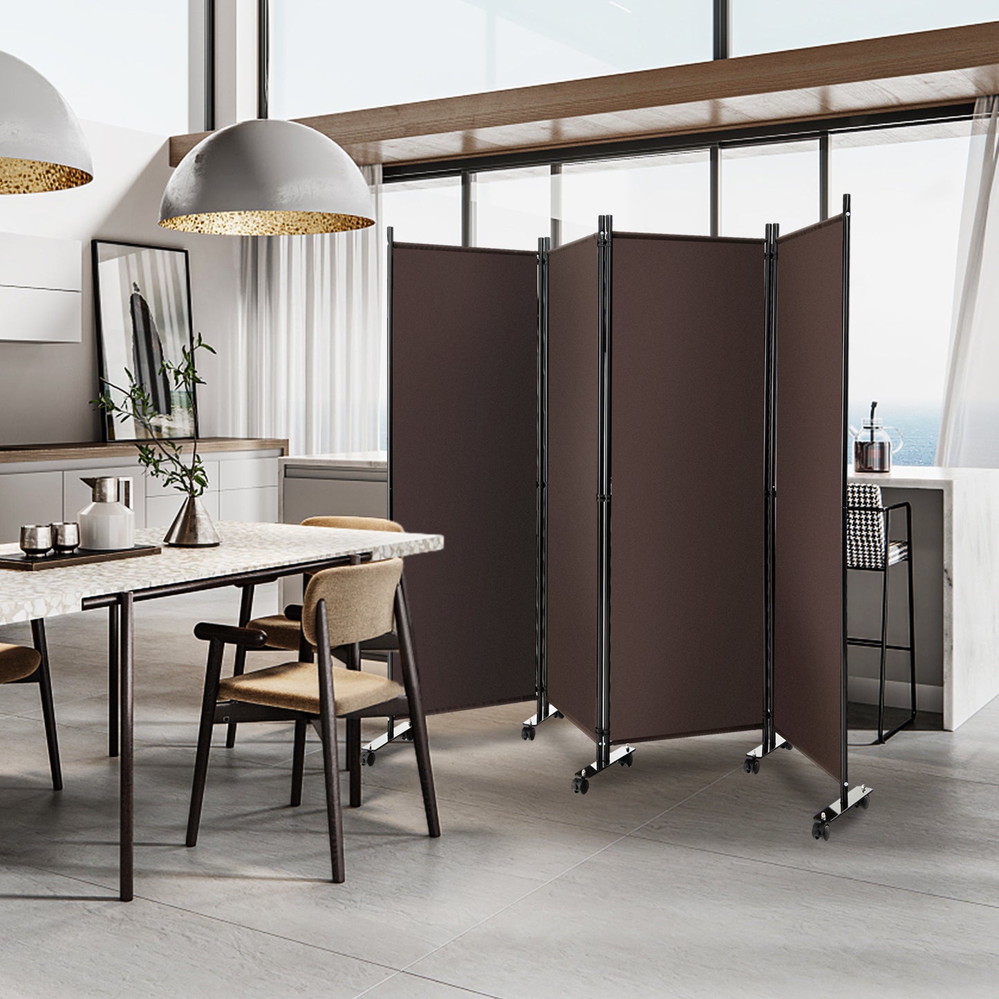 4-Panel Folding Room Divider with Wheels for Living Room Bedroom -Black