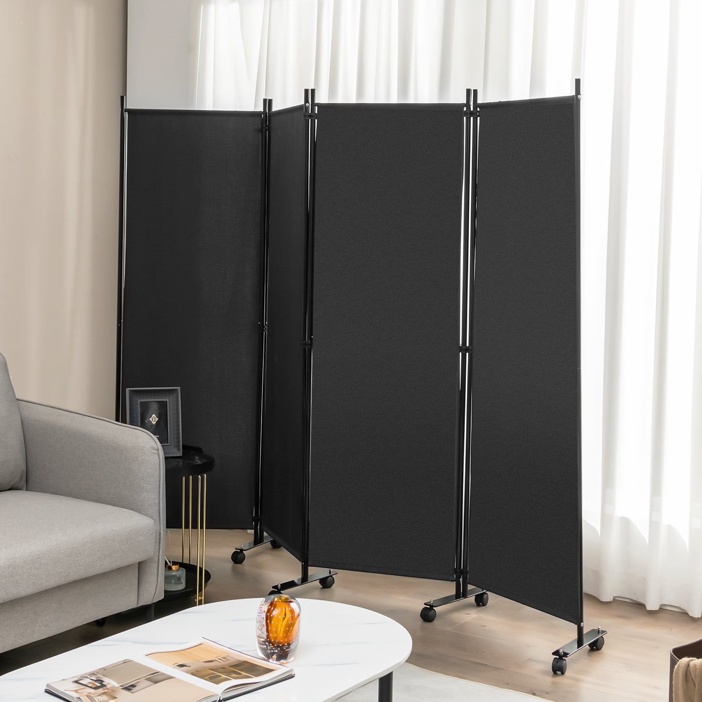 4-Panel Folding Room Divider with Wheels for Living Room Bedroom -Black