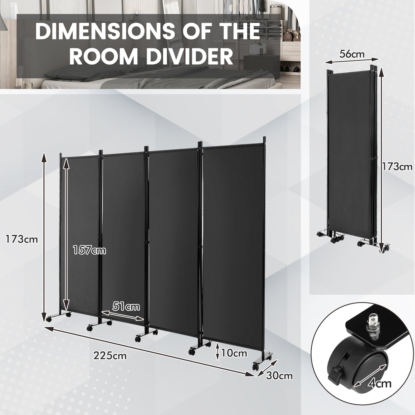 4-Panel Folding Room Divider with Wheels for Living Room Bedroom -Black
